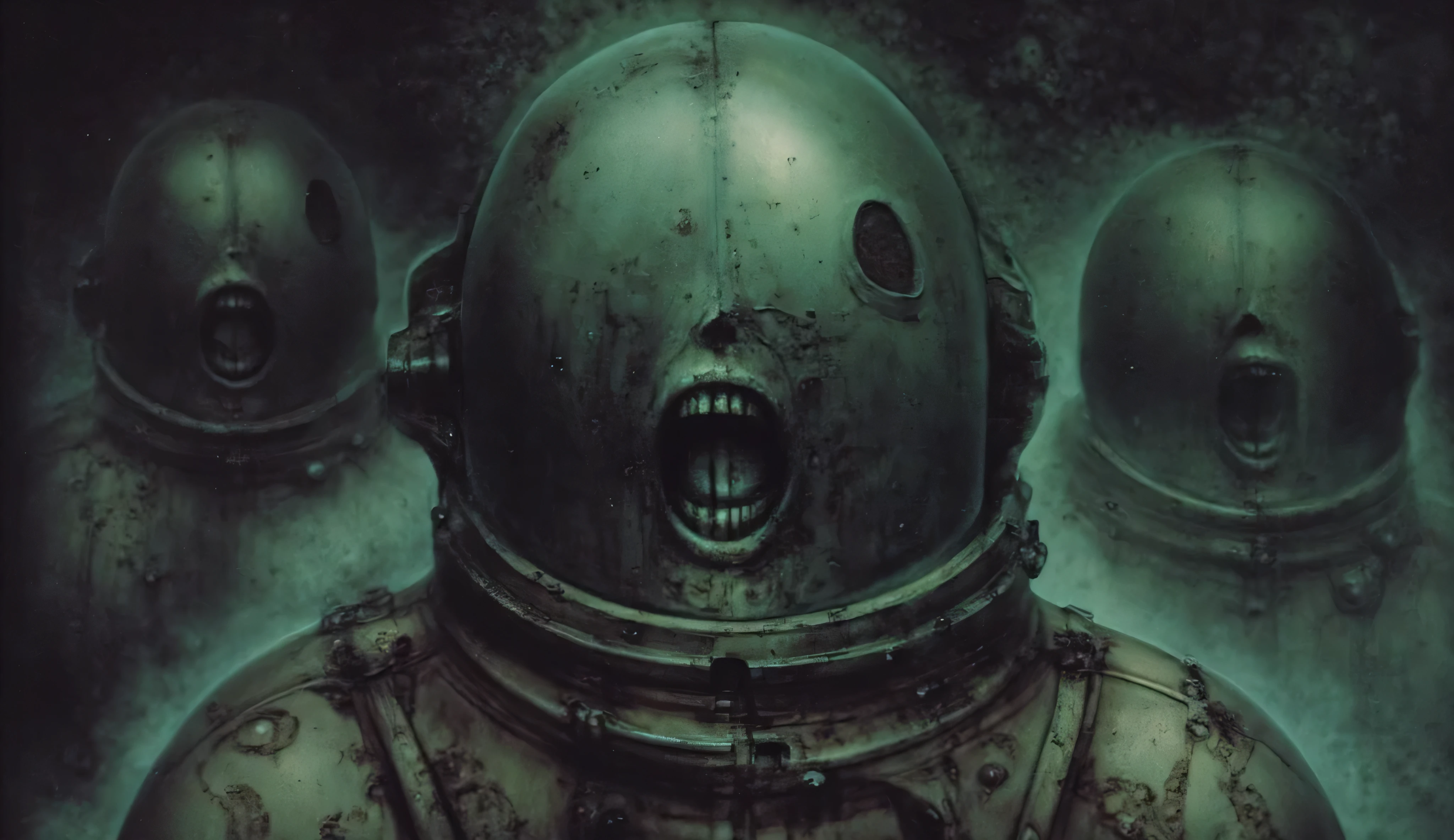 An astronaut's spacesuit. It's thin and creepy. It's covered with dirt and holes. There are three screaming creepy faces behind the glass of the spacesuit. Dark green spacesuit glass elements. Black fog. horror