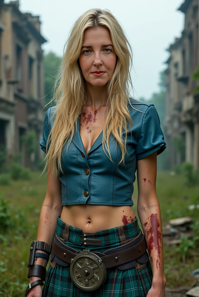 HLMAlex, blonde hair, hair over eye, ponytail, green eyes, orange vest, green shirt,green pants,elbow pads,fingerless gloves,looking at viewer,serious, worried, covered in blood, blood on face, medium shot, standing, outside, building roof, night time, cinematic lighting, cityscape, high quality, masterpiece, <lora:AlexHLM:.7>