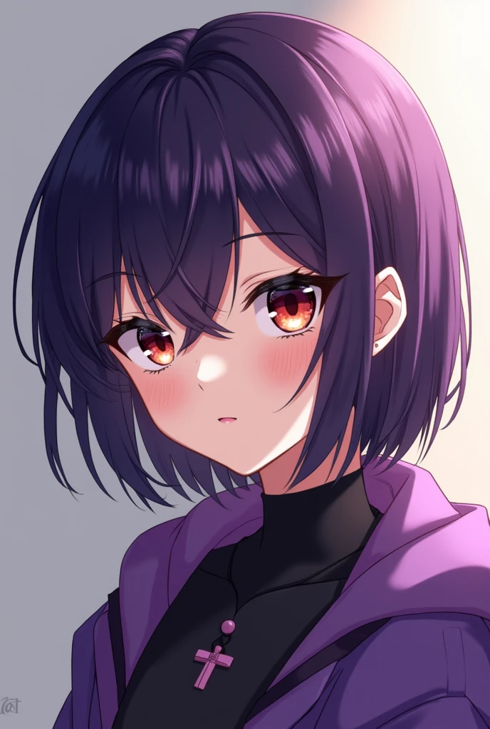 (high-quality, breathtaking),(expressive eyes, perfect face)(scar, scar on face, burn scar, muscular female) 1girl, female, solo, young adult age, Vibrant lavender color hair, purple eye color, spiky fluffy hair, short hair length, Symmetrical Eyes, portrait, neutral expression, grey background, headband with ribbons, fantasy clothing, sleeveless turtleneck black shirt, narrow eyes, feminine face, warrior, Sidecut hairstyle, Shaved hairstyle, Subtle Side Shaved Bob, Maki Zenin