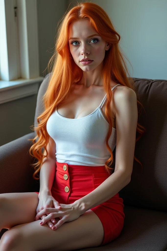 ((melhor qualidade)), ((obra de arte)), (detalhado), Masterpiece, a stunning woman, (Ella Hughes:Faye Reagan:Dani Jensen:1.0) a close up of a woman with short skirt with long red hair wearing a denim jacket, she has long redorange hair, she has long orange brown hair, flowing ginger hair, red hair and attractive features, long glowing red hair, curly copper colored hair, ginger wavy hair, long blonde or red hair, long orange hair, ginger hair, with long red hair, long loose red hair, skirt short, mini skirt