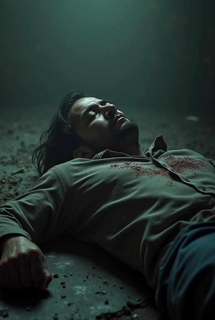 Make a movie poster " A 25 YEAR YOUNG INDIAN BOY, WEARING A SIMPLE FULL SLEAVE SHIRT PANT, HE FALL IN GROUND SEE THE SKY WITH PAINFULLY STRUGGLE , HIS FACE AND BODY IS FULLY BLOOD AND INJURIES, AT NIGHT IN A DARK SOIL GROUND, DRON ANGLE SHOT.
