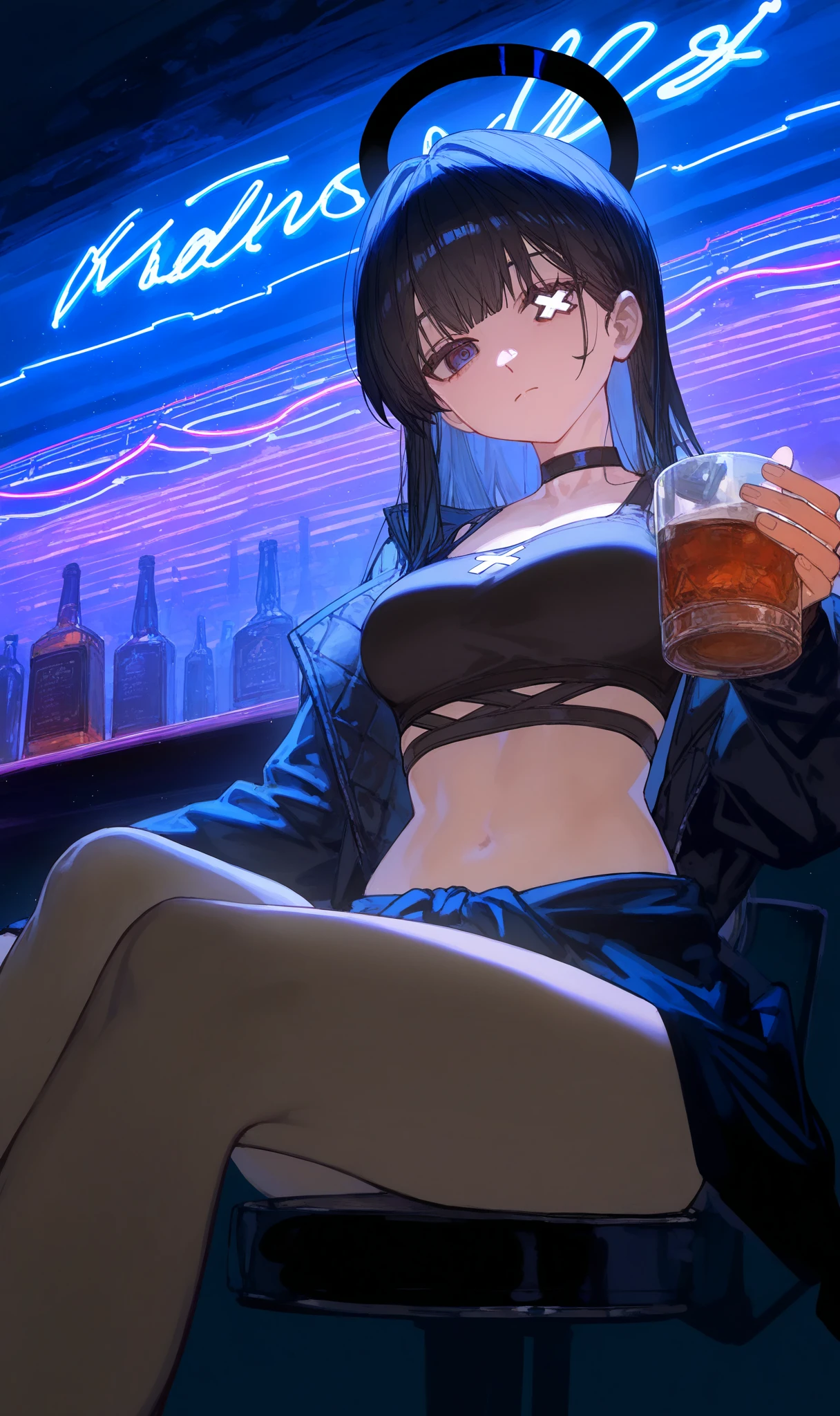 Rin Tohsaka, (\Fate/stay night\), 1girl, alone, long hair, breasts, Looking at Viewer, blushing, smiling, open mouth, bangs, green eyes, hair ornament, navel, hair between eyes, medium length breasts, sitting, , black hair, :d, heart, thighs, , sweat, , legs open, cup, completely , uncensored, , alcohol, mug, drunk, beer, beer mug