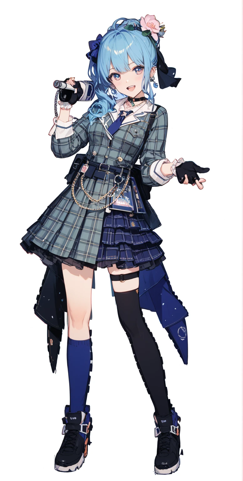 ((upright)), ((Arms at your sides)), Looking at the audience, Simple Background、White Background, 1 girl, Open your mouth, smile, Virtual YouTuber、With a girl、((Highest quality, expensive_solve, clear_image)),(Black Hair), (Black cat ears), (Ahoge), (Ridiculously short hair), (Wavy Hair),Red earring color (blue eyes),、Laughter、Very large breasts、whole body、I can see her cleavage、(wearing shoes on feet), (is wearing like the police dress shirt),((Suspender belts)),black necktie,holster,Pocket to hold a gun,((good girl)), detailed and beautiful eyes man, good looking,((an extremely delicate and beautiful)),make the eyes the same shape and color on both sides,Character Sheet,Character Reference Sheet, ((View from the front)) Symmetrical elements in clothing,