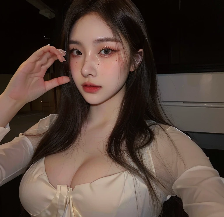 Kim Jennie with white brown hair, with curlers at the ends, with two bows on each side of the hair, all her hair white brown, with a star clip in her white brown hair, light colored eyes, pretty eyes, crying eyes, pretty, upturned nose, watery nose, Pretty lips, pink lips, heart and cupid shaped lip, pretty skin, pale, White skin, with moles and freckles all over his face, soft pink blush on the cheeks, natural pink blush, soft pink makeup, Jennie, nice neck, marked collar, frown, tender look, with a kiss necklace, a pretty kiss necklace, similar to Yumeko Jabami, while wearing a Crochet YK2, woolen, with a YK2 style brown mini skirt, while wearing a jacket with bear prints, while having a bare abdomen, Delgado, marked and pretty, (big breasts, soft breasts, nice breasts), while she is cosplaying the character Yumeko Jabami, The anime Kakegurui, While he is with a nice friend, looking to the camera