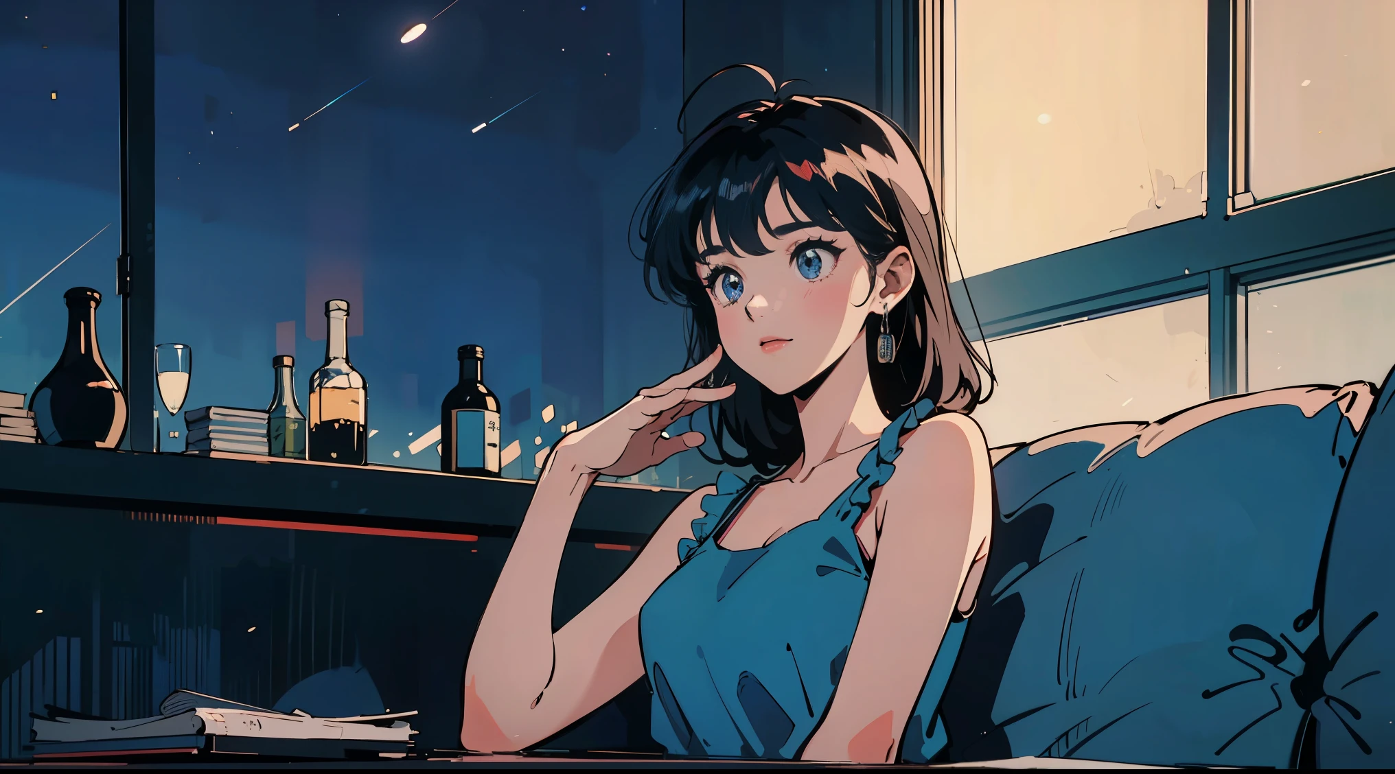 Upper body shot of a sultry, heartbroken young woman in a Tokyo summer nightclub, positioned left. She's turning towards the camera, face showing melancholy and defiance. Wearing a revealing, slightly disheveled tank top, reflecting neon lights. Tousled hair from dancing. Background filled with dark silhouettes of clubgoers (their face can't be found because of the darkness) in tank tops and short sleeves. Moody, electric atmosphere with pulsing lights. Her alluring isolation emphasized amidst the busy, blurred summer crowd