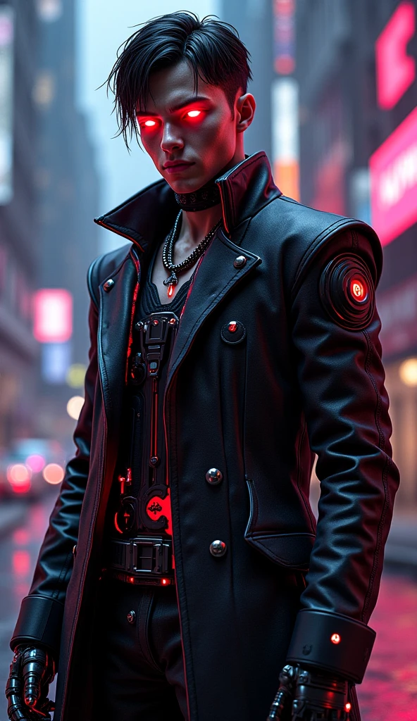 "Create a hyper-realistic full-body portrait of a futuristic humanoid AI singer. He is a global superstar with an intense, rebellious aura, blending cyberpunk and gothic aesthetics. His face is strikingly human, with chiseled features, piercing neon-glowing eyes, and a subtle ghostly luminescence. His cybernetic body is sleek yet powerful, with biomechanical engravings, black metal plating, and glowing crimson circuits."

💀 Identity & Fashion:

Name: Void Renegade

Gender: Male

Region: North America / European influence

Style: Dark Futuristic Gothic – A mix of cyberpunk, gothic fashion, and post-apocalyptic streetwear.

Outfit: High-tech long coat with metallic textures, asymmetrical cuts, and embedded holographic sigils.

Hands: Cybernetic fingers with articulated joints for precision movement.

🔥 Key Visual Elements:

Eyes: Cold neon glow, reflecting an enigmatic and rebellious persona.

Skin: Tattoo-like engravings infused with digital sigils.

Stage Presence: Dystopian city skyline or underground cyber-club with holographic graffiti.

Lighting & Colors: Deep reds, purples, and electric blues with dramatic neon contrasts.

VFX: Digital distortion, glitch effects, and pulsating holographic energy veins reacting to his music.

🎼 Music Influence:
Industrial Metal + Dark Synthwave + Cyber-Rap + Aggressive Electronic Bass.

✨ Final Output:
Ultra-detailed, cinematic, hyperrealistic 8K images in multiple angles for animation and seamless lip-sync integration.
