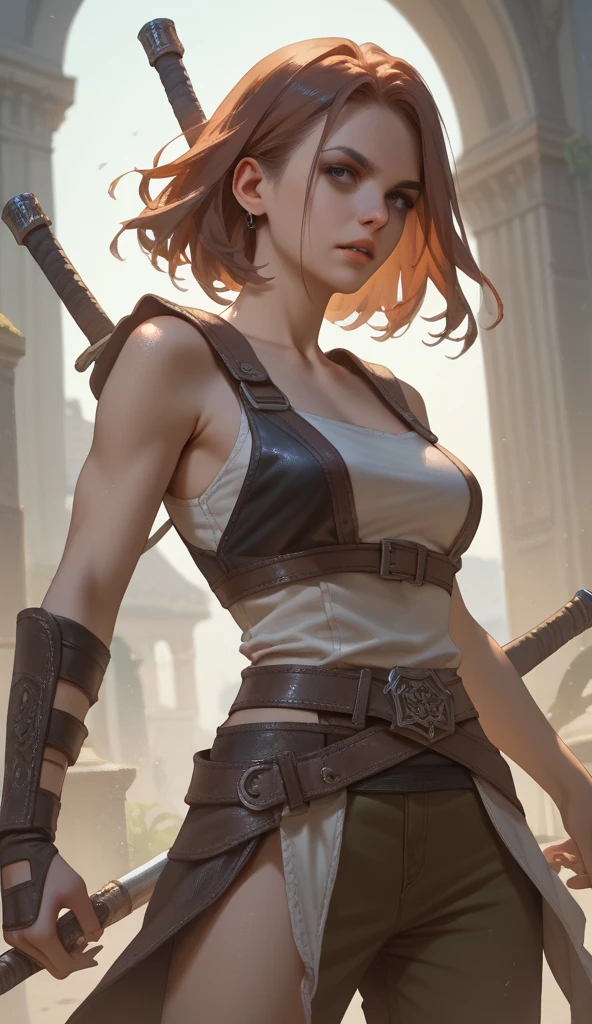 smooth lines, Express expressions and postures through ink contrast, The background is simple. emphasize light, shadow and space. ((full body):1.3), Drawing of Mature beauty. ((fresh)), wearing gladiator armor, painting, (best quality,4K,8k,high resolution,masterpiece:1.2),Super detailed,(actual,photoactual,photo-actual:1.37).