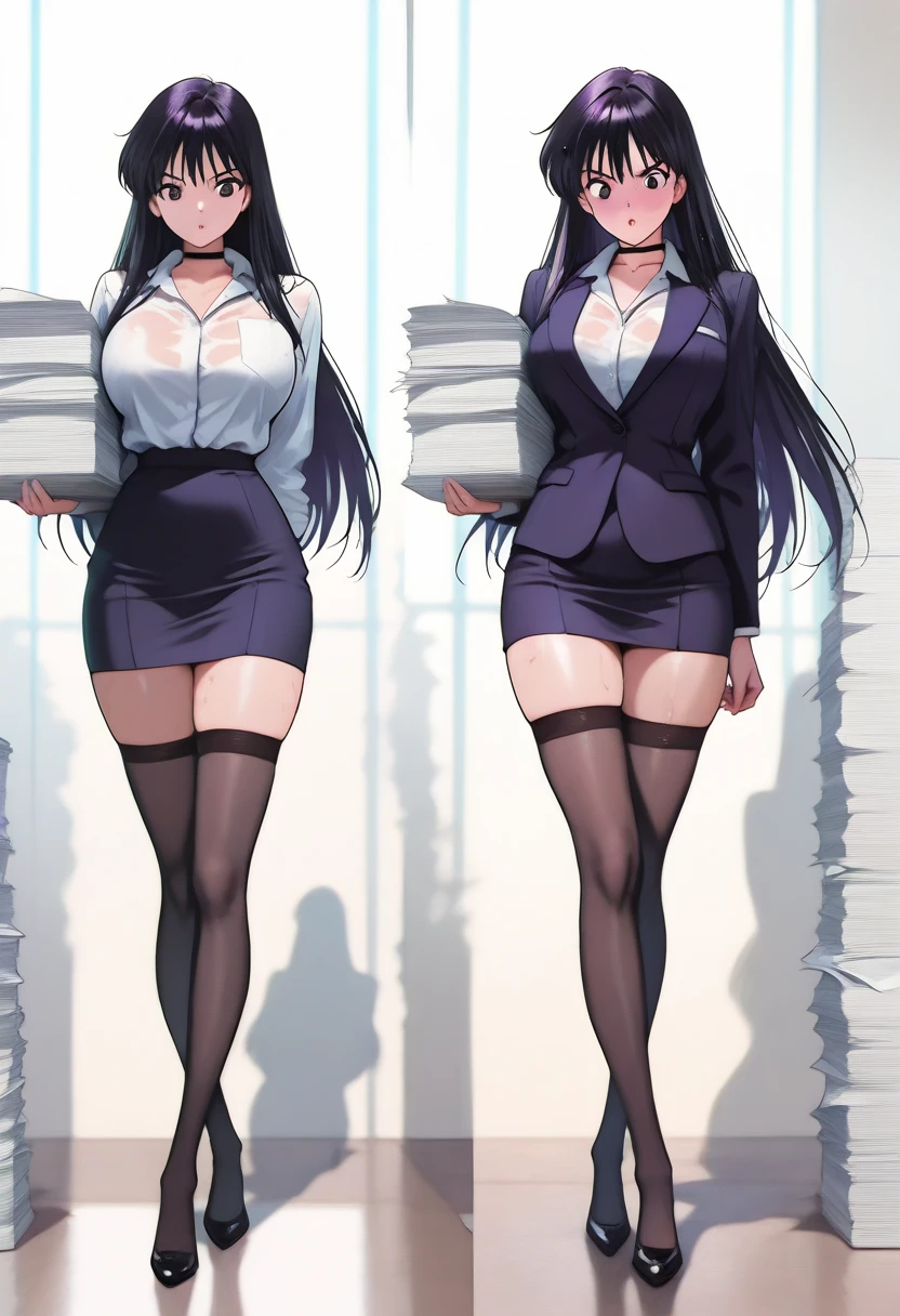 (solo 1 very skinny office lady standing in office:1.3), (swaying back), standing exactly, (arms behind back), (black business suits:1.3), (black blazer with closing chest:1.3), (white dress shirts under blazer), (bursting gigantic huge breasts:1.3), necktie, (inconceivably narrow waist:1.3), too short black skirt, slim hip, thigh gap, skinny long legs, highheels, nose blush, perfect anatomy, (orgasm), pussy juice dripping down between things