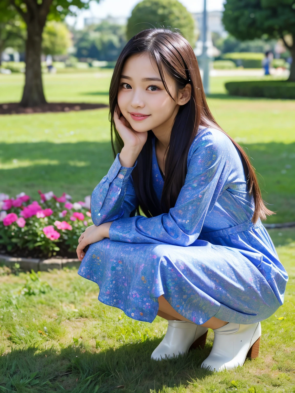 Araffe asian woman in blue dress crouching down in a park - SeaArt AI