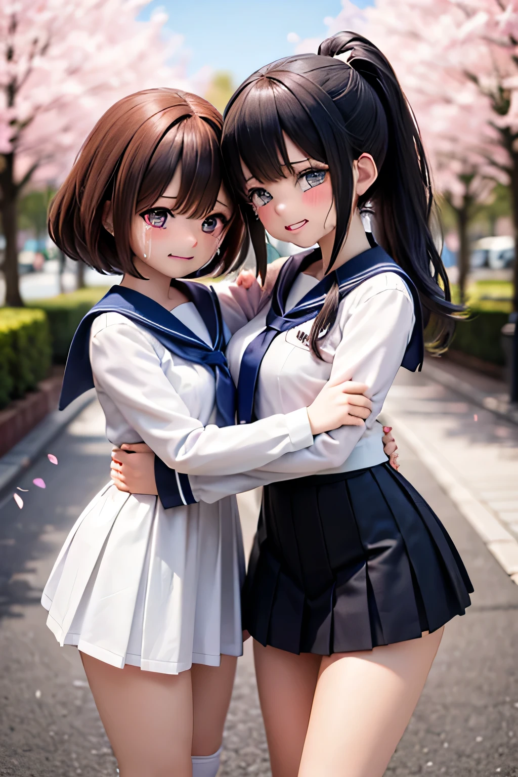 best quality、high resolution、(high image quality:1.2)、masterpiece、detailed background、(very detailed face:1.2)、(detailed eyes:1.3)、age beauty、huge breasts、(Normal number of fingers:1.2)、anatomically correct、perfect body line、Bright-colored hair、ponytail from Yubi's point of view、Braided bob cut、
(Two girls smiling while crying with their diplomas and albums in their hands:1.5)、
The graduation ceremony is over、when they go out to the schoolyard, you can see their best friend who has been together all this time、the moment our eyes meet、my heart gets hot and runs up、my memories so far overflow all at once、I can't hold back my emotions and tears spill out、they hug each other and shed tears while shaking their shoulders、A mixture of loneliness and gratitude so far、their unspeakable feelings turn into tears、spring breeze strokes my cheeks、while the cherry blossom petals flutter、they haven't left for a while、
white sailor suit with a line on the collar、Navy blue or black pleated skirt、black loafers and navy blue or white high socks、tie a chest scarf neatly、cute
