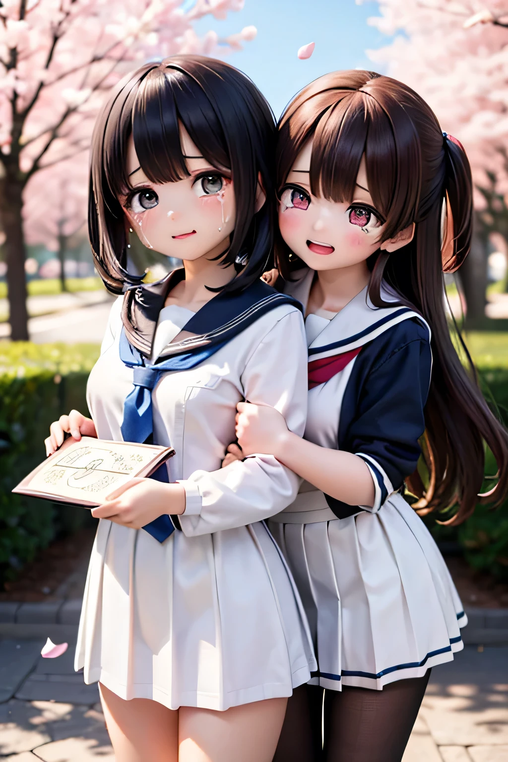 best quality、high resolution、(high image quality:1.2)、masterpiece、detailed background、(very detailed face:1.2)、(detailed eyes:1.3)、age beauty、huge breasts、(Normal number of fingers:1.2)、anatomically correct、perfect body line、Bright-colored hair、ponytail from Yubi's point of view、Braided bob cut、
(Two girls smiling while crying with their diplomas and albums in their hands:1.5)、
The graduation ceremony is over、when they go out to the schoolyard, you can see their best friend who has been together all this time、the moment our eyes meet、my heart gets hot and runs up、my memories so far overflow all at once、I can't hold back my emotions and tears spill out、they hug each other and shed tears while shaking their shoulders、A mixture of loneliness and gratitude so far、their unspeakable feelings turn into tears、spring breeze strokes my cheeks、while the cherry blossom petals flutter、they haven't left for a while、
white sailor suit with a line on the collar、Navy blue or black pleated skirt、black loafers and navy blue or white high socks、tie a chest scarf neatly、cute