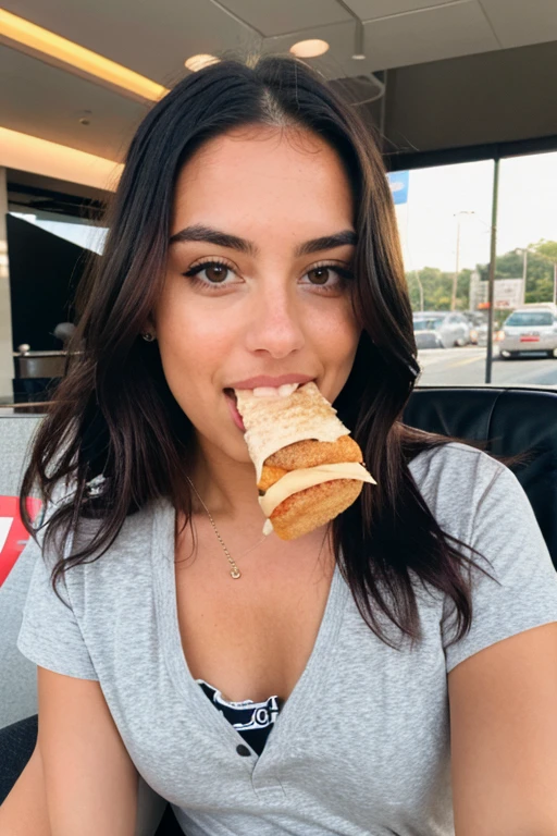 ela segura o hot-dog com a ponta dos dedos