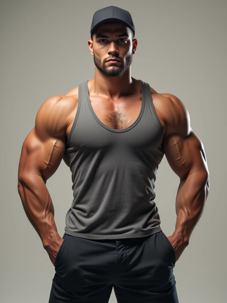 A big, muscular man,shows off her physique completely and has short hair,wears short clothes and is 20 years old,your skin tone is slightly brown and you like to show off your volume underneath a little.