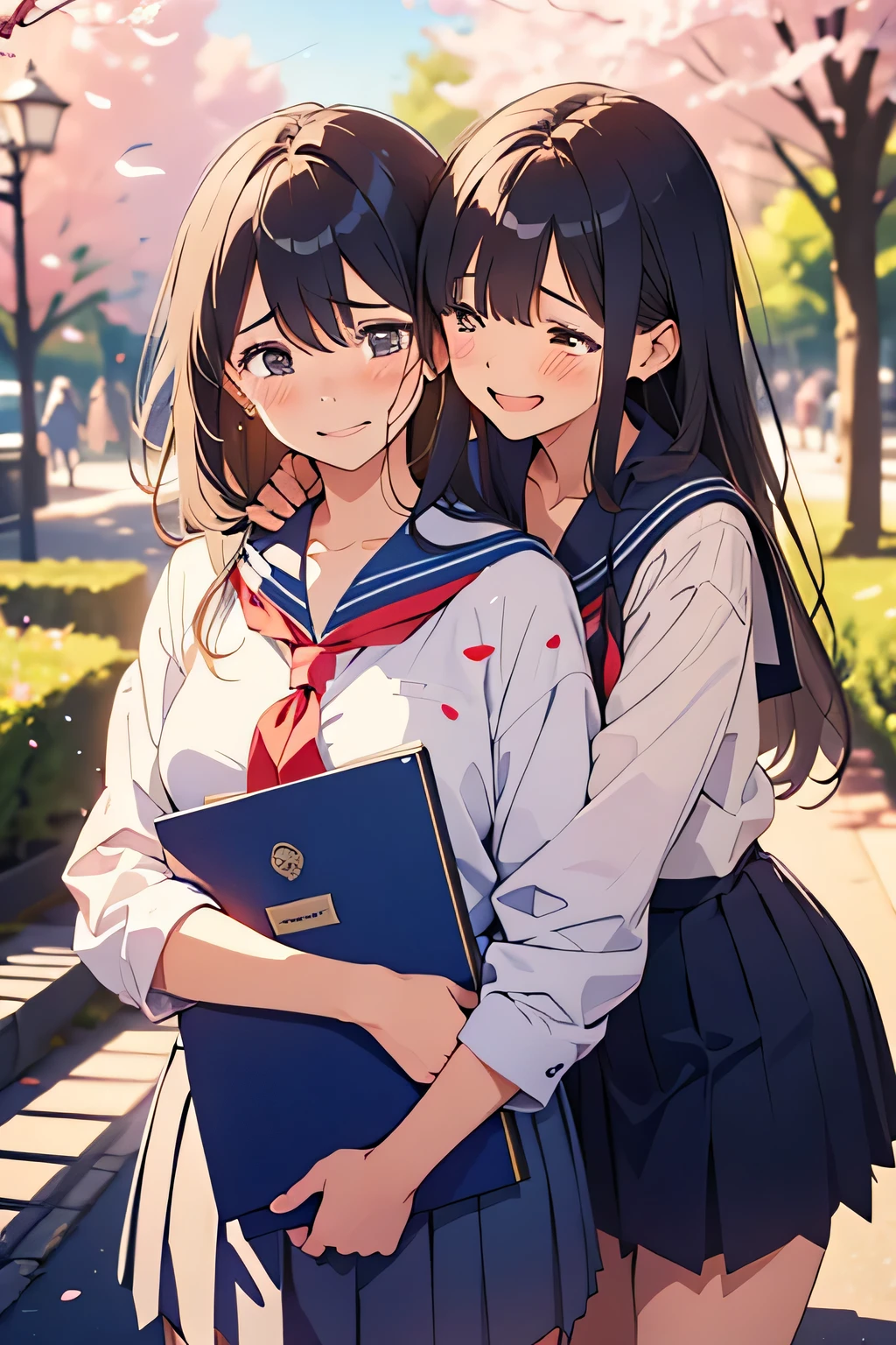 best quality、high resolution、(high image quality:1.2)、masterpiece、detailed background、(very detailed face:1.2)、(detailed eyes:1.3)、age beauty、huge breasts、(Normal number of fingers:1.2)、anatomically correct、perfect body line、Bright-colored hair、ponytail from Yubi's point of view、Braided bob cut、
(Two girls smiling while crying with their diplomas and albums in their hands:1.5)、
The graduation ceremony is over、when they go out to the schoolyard, you can see their best friend who has been together all this time、the moment our eyes meet、my heart gets hot and runs up、my memories so far overflow all at once、I can't hold back my emotions and tears spill out、they hug each other and shed tears while shaking their shoulders、A mixture of loneliness and gratitude so far、their unspeakable feelings turn into tears、spring breeze strokes my cheeks、while the cherry blossom petals flutter、they haven't left for a while、
white sailor suit with a line on the collar、Navy blue or black pleated skirt、black loafers and navy blue or white high socks、tie a chest scarf neatly、cute