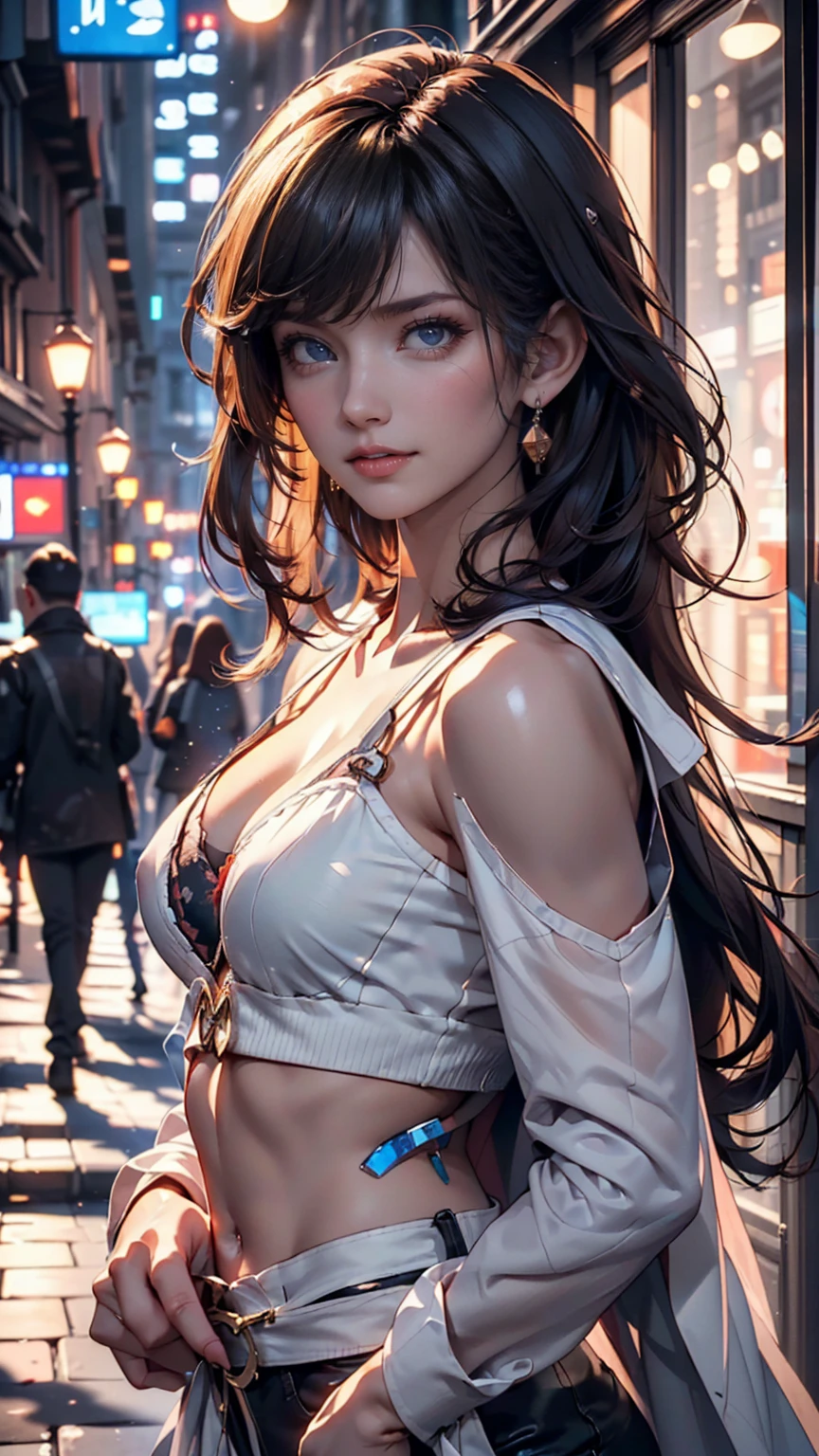 (Backlight,belly button:1.1,Black Hair),Beautiful woman in uniform in the bustling city of Gintama, Surrounded by sellers, Beautiful portrait of a stunning goddess girl, Beautifully detailed face, Porcelain-like skin, Half Body Shot, Centered,((moonlight,night,Big neon,Strong neon lighting,Rim Light,Two-tone lighting))),