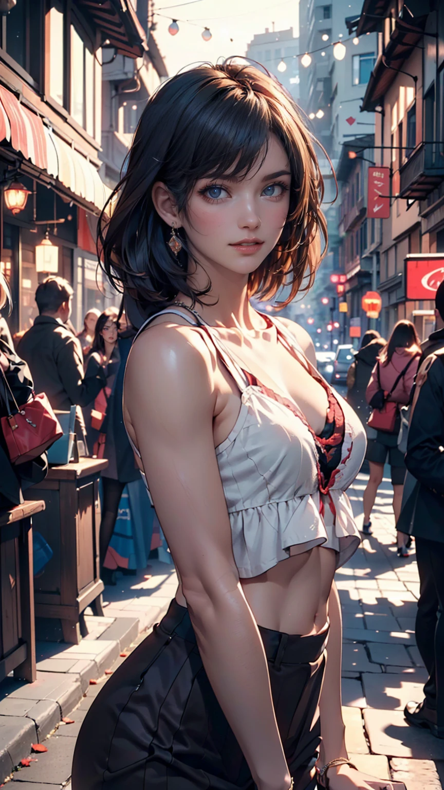 Korean girl walking down the street, Cinematic soft lighting glow effect、Sexy proportions、Long eyelashes、eye shadow、lipstick、Sexy、erotic、Narrow waist、