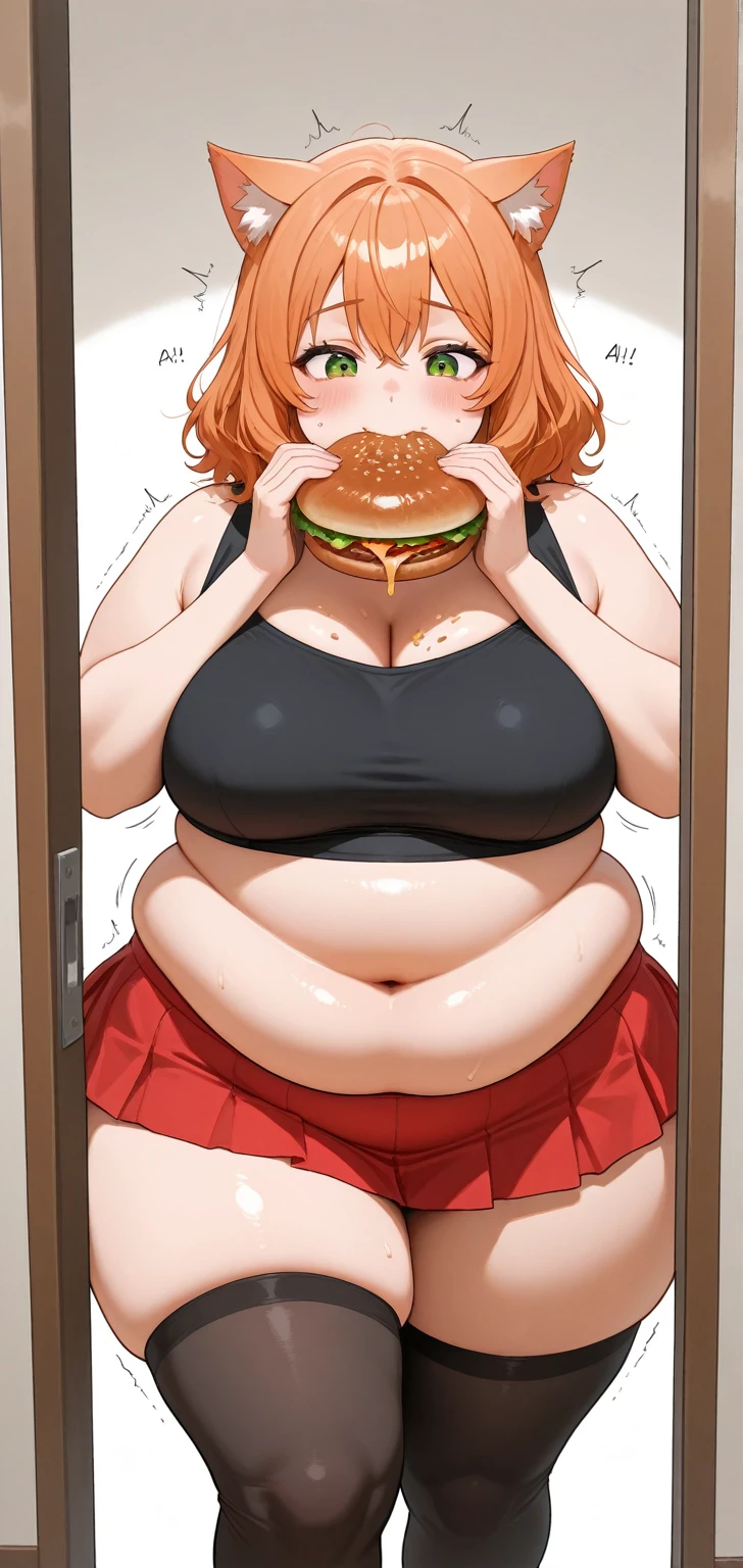fat, large belly, big belly, very fat, sitting down, table with lots of food, shocked, maki shijo