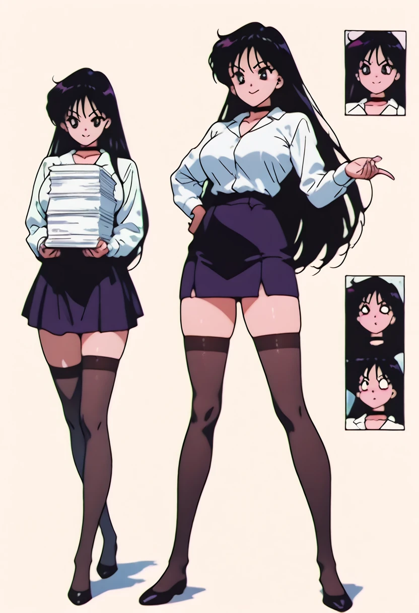 Standing female, arms crossed, short straight hair, blue eyes, blazer, short white skirt, large buttocks, long high-heeled boots, medium-sized breasts, glasses, blushing, white background (character sheet).