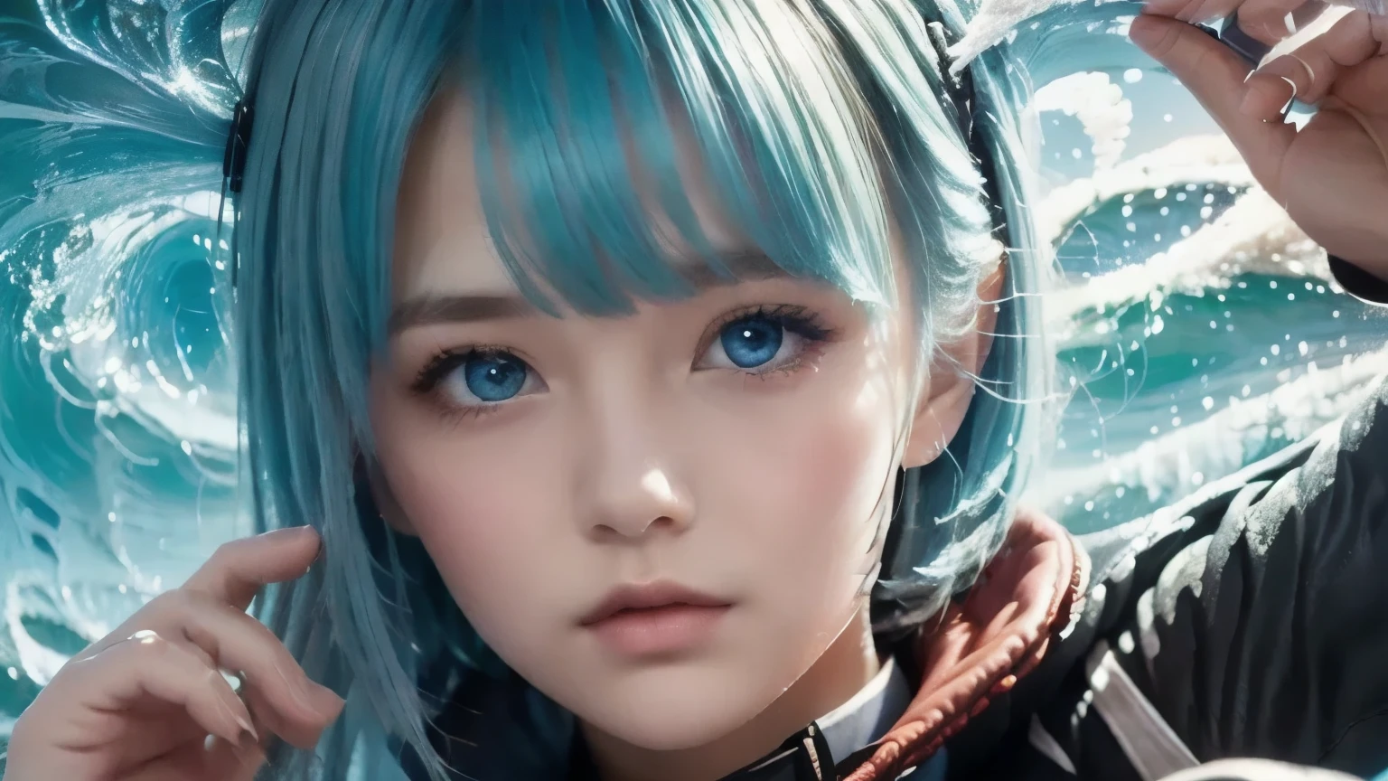 8k , 1 girl , High collar , nice , ( fractal art 1.8 ) , Puffy Face , Young people , Blue Hair , I put my hand in the , nice , dynamic , Visual impact , pocket , ( Wave Hand Pocket 1.5 )
