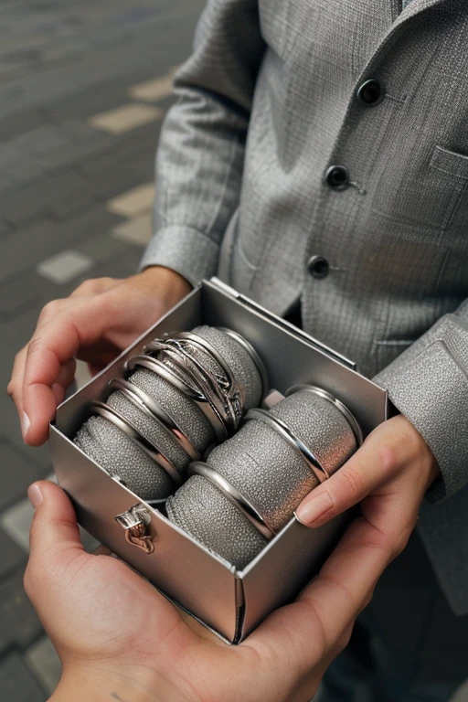 A small, light green teardrop-shaped gemstone keychain is attached to an elegant black bag, which is being held by a well-dressed man.
