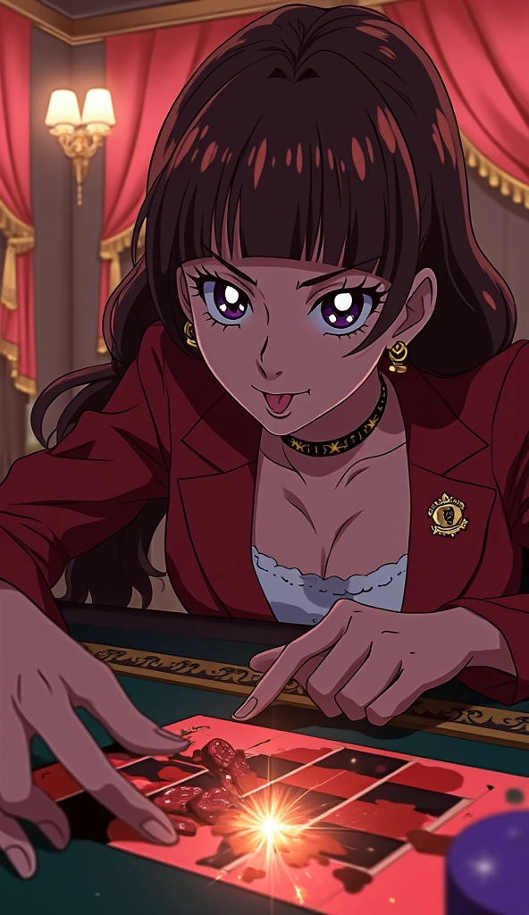 Faye Valentine,bob cut, 1girl,solo,breasts,looking at viewer,smile,big breasts,shirt,bow,jewelry,medium breasts,pink jacket,green eyes,jacket,white shirt,upper body,purple hair,hairband,earrings,parted lips,solo focus,collared shirt,indoors,bowtie,red bow,lips,head tilt,dress shirt,table,red bowtie,breast rest,poker chip,retro artstyle,1990s (style),masterpiece,oldest <lora:Faye:0.7>