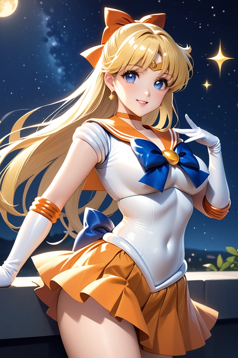 Sailor Senshi Uniform, Anime Aunt, A MILF, skirt, aino minako, solo, bow, white glove, sailorvenus, Blonde woman with very long hair, elbowgloves, Red ribbon on head, Orange sailor collar, Golden sailor collar, back_bow, Orange choker, Golden Choker, jewelry, Blue-eyed woman, Orange skirt, Golden skirt, magical girl, 耳Nipple Ring, circlet, skirt rift, smile, rating:safe, leotard, pleatedskirt, lifted_by_self, Half Up Hair, Bare shoulders, bare legs, cowboy_shot, collarbone, shiny, looking_at_viewer, panties on, Purple ribbon on chest, Woman standing, shiny_hair, bangs, eyebrows_visible_through_hair, hair_bow, closed_mouth, highleg, shiny_skin, heart, White leotard, robe blanche, huge tit, Leotila,
