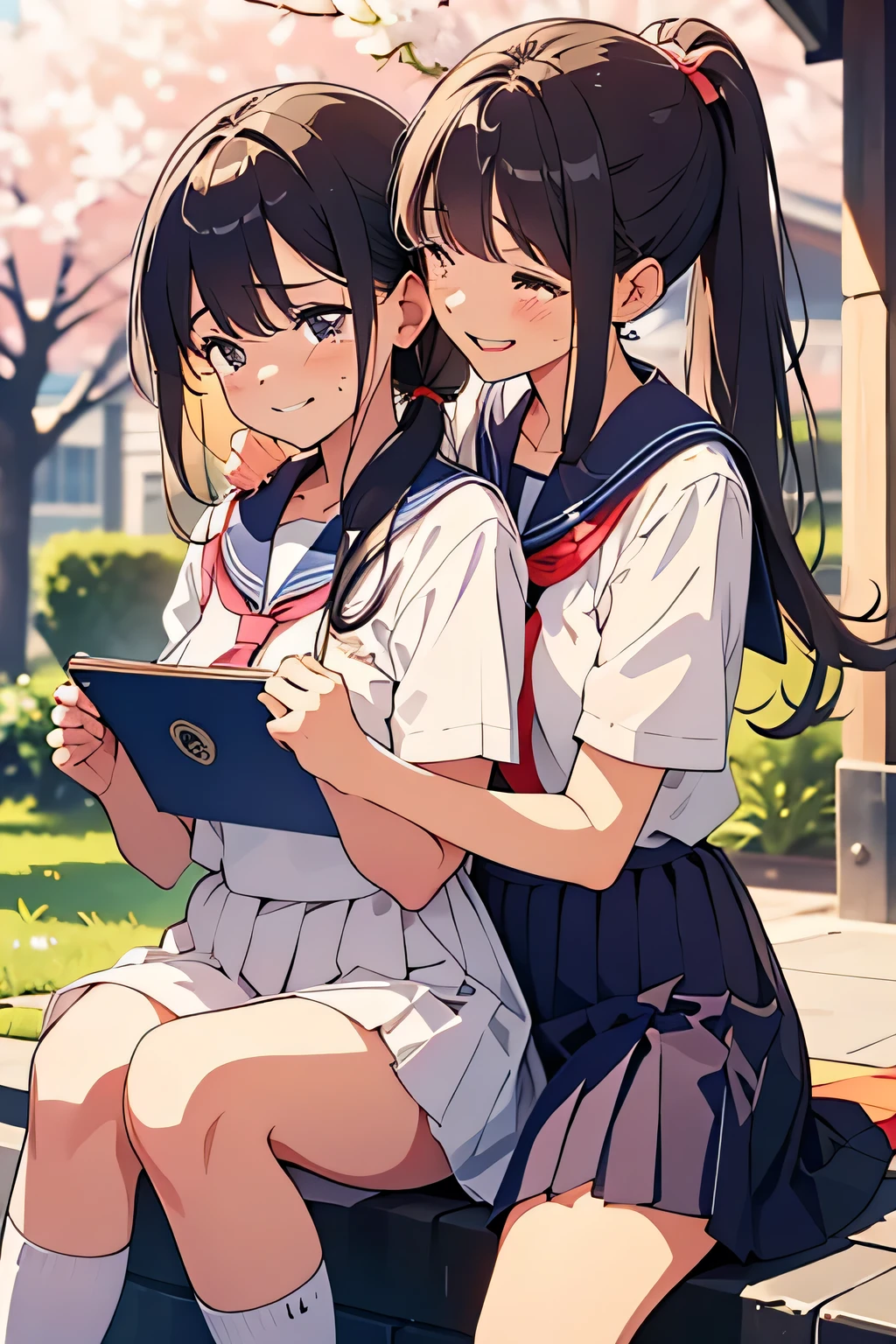 best quality、high resolution、(high image quality:1.2)、masterpiece、detailed background、(very detailed face:1.2)、(detailed eyes:1.3)、age beauty、huge breasts、(Normal number of fingers:1.2)、anatomically correct、perfect body line、Bright-colored hair、ponytail from Yubi's point of view、Braided bob cut、

(Two girls smiling while crying with their diplomas and albums in their hands:1.5)、

The graduation ceremony is over、when they go out to the schoolyard, you can see their best friend who has been together all this time、the moment our eyes meet、my heart gets hot and runs up、my memories so far overflow all at once、I can't hold back my emotions and tears spill out、they hug each other and shed tears while shaking their shoulders、A mixture of loneliness and gratitude so far、their unspeakable feelings turn into tears、spring breeze strokes my cheeks、while the cherry blossom petals flutter、they haven't left for a while、
white sailor suit with a line on the collar、Navy blue or black pleated skirt、black loafers and navy blue or white high socks、tie a chest scarf neatly、cute