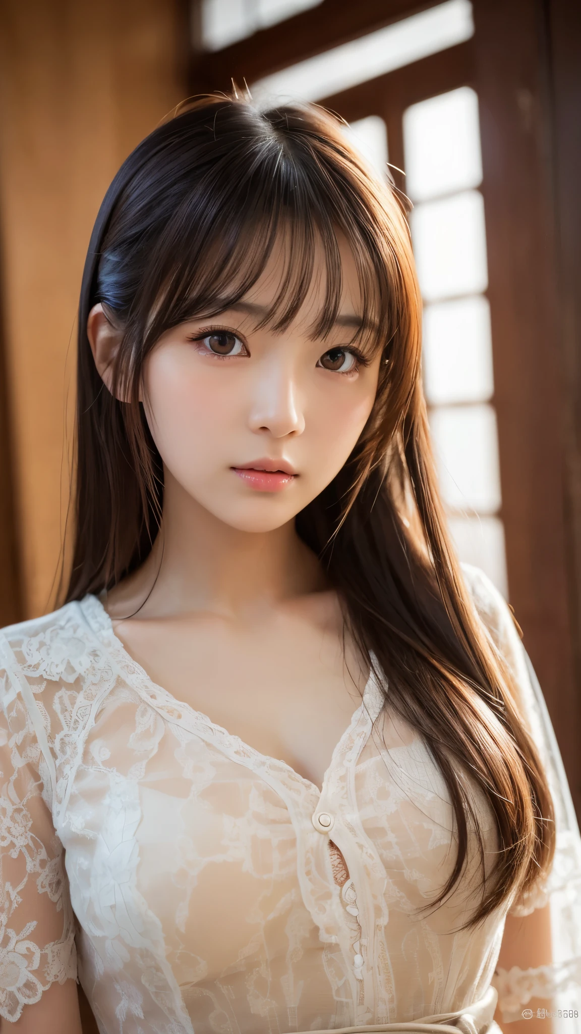masterpiece、８K、Highest quality, Soft Light, Ultra-high resolution, (Realistic:1.4), RAW Photos,18 years old Japanese girl, alone, cute, (pupil, Light in your eyes),  Beautiful face in every detail, (Small box),(High resolution detail of human skin texture),
(Long Hair),Cleavage Indoors,
Damask Shirt Dress,
(Portraiture)、In underwear