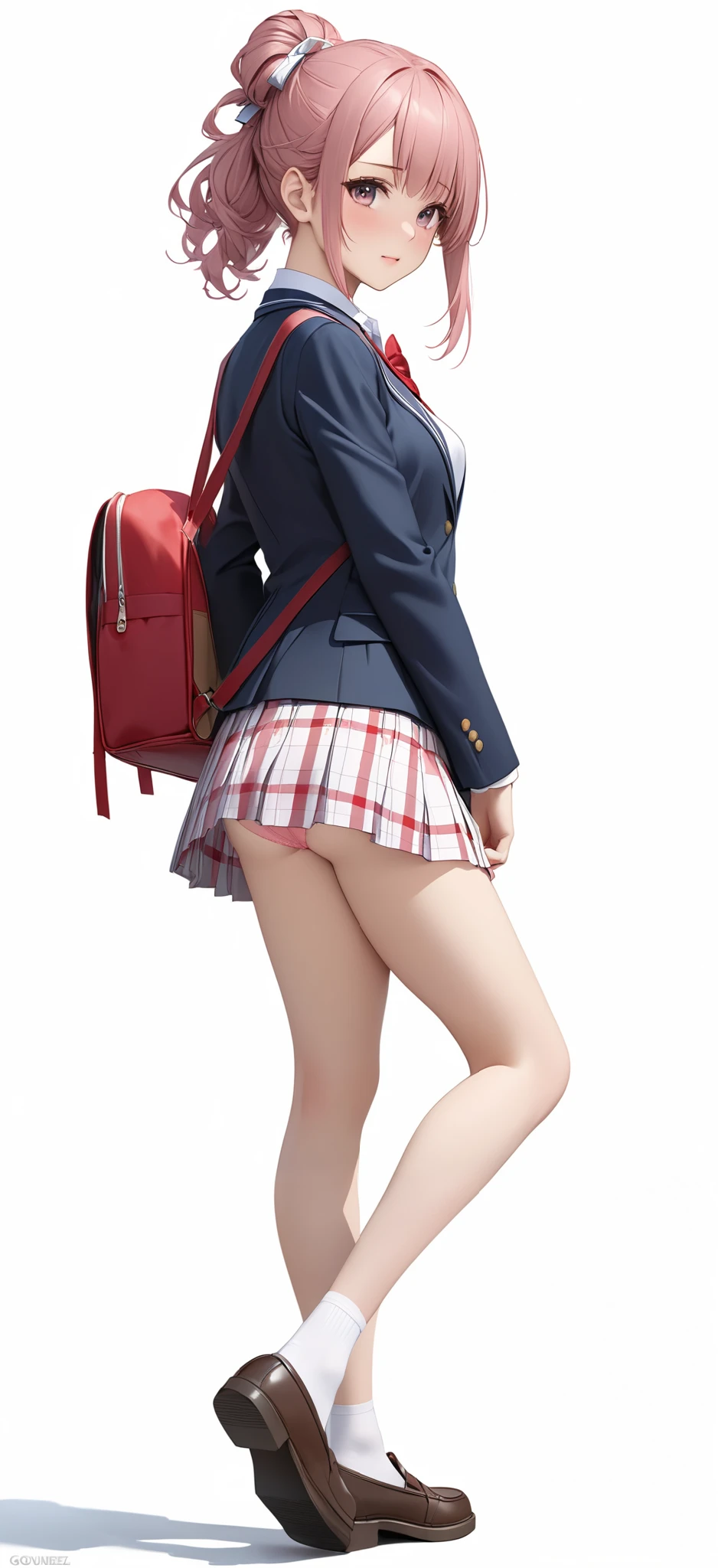 (un cropped),A white girl in school uniform very cute face smilling,medium breast, side view, looking at viewer,erection, huge , gigantic testicles, sheath, dark testicles