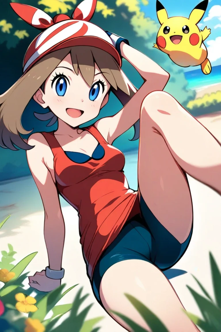 masutepiece, Best Quality, hight resolution, Outdoors, 1girl in, Solo, May (A pokémon), (((Brown hair))), bandana, (((lying,))) , (forrest:1.1), bikini 