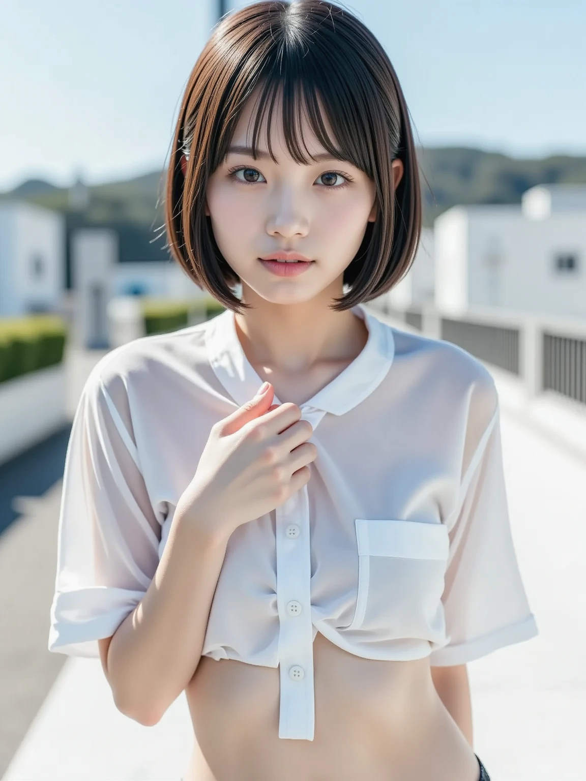 medium shot,living room, japanese lady, pale skin, droopy eyes, 20 year old, bowl cut hair, ((white t-shirts,lowrise blue denim shorts)), ((sitting on the sofa)), high quality:1.3, shoot from below, Professional lighting:2.0 realistic:1.2, 4k resolution, detailed skin, masterpiece:1.1,smile,(tanned skin:1.3),(sunburn tanlines:1.3),(athlete:1.2),(no bra:1.3),(braless),(model pose),