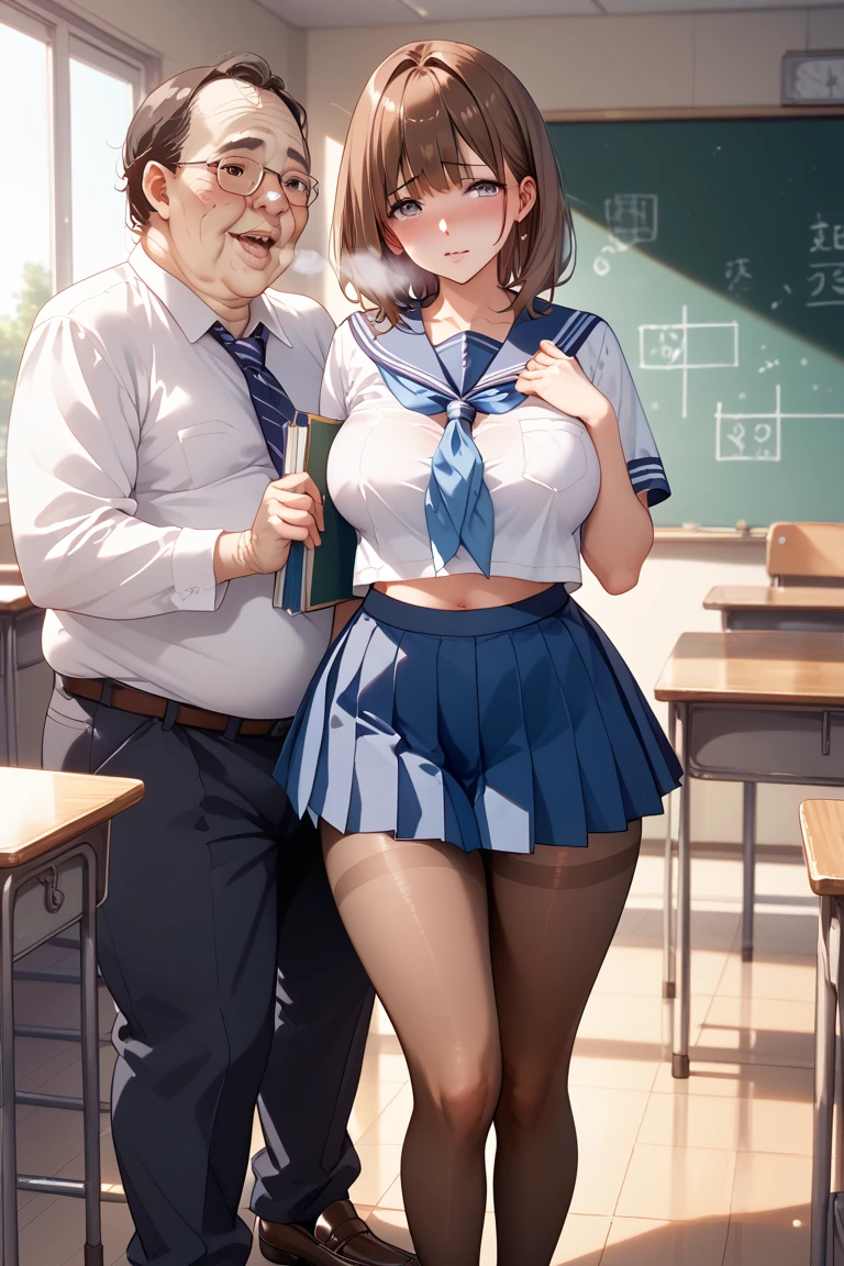 NSFW, (((masutepiece, Best Quality, photographrealistic))), (Shiny skin), (nffsw, 8K Wallpaper, High resolution), Perfect Anatomy, Cinematic lighting, Physically-based rendering, Award-winning, highlydetailed skin, extra detailed face, Eyes with beautiful details, Carl Zeiss 85mm f/1.4, (1 man and 1 girl, a couple:1.5), Cute 16 year old Japan schoolgirl, sitting in the chair, (Black hair, Short bob cut, Brown eyes, Round face), medium breasts, Wet school blouse with ribbon, Navy Pleated Skirt Lift, Navy High Socks, (nose blush, Naughty, half opened eye, Drooling), Spread legs, Thigh Focus, In the classroom, Blue Hour, (One man is an old man, Old man hugging a girl from behind:1.5), Old man wearing business suit, (Old man touches girl's panties:1.5), [Full body shot], Shot from below,