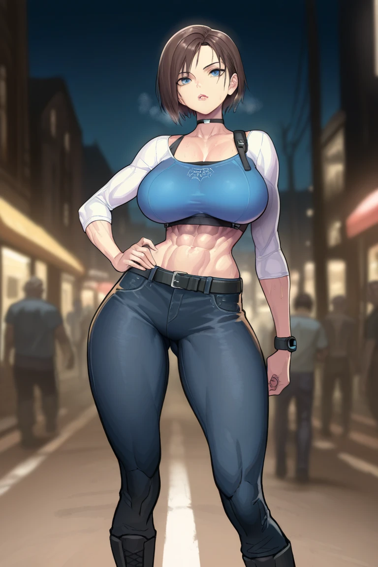 photo of mlp Meowko, RAW, beautiful woman, ((portrait)), ((detailed face:1.2)), ((anime face, anime facial feature, clear skin, glossy anime lips, clear skin), (short messy lesbian haircut, brunette: 1.55),  (perfect proportioned body, Strong, muscular, narrow waist, narrow hips, skinny, large breasts), (she is wearing a black military short sleeve shirt, Cleavage, black shirt, skinny jeans, sneakers ,Samsung Sam), in a shopping mall, Polish floors, computer store, (realistic photo, best quality, detailed), (8k wallpaper), (bright cinematic lighting, lens flares, beautiful light, (noon:1.3)) (sharp focus, intricate)