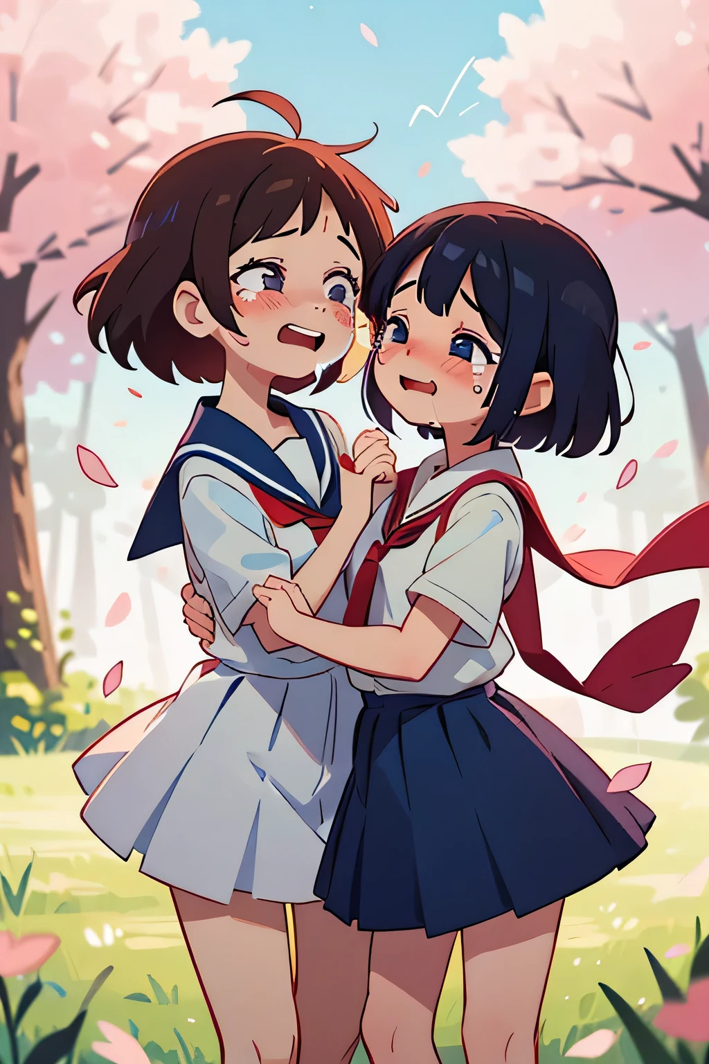 School girls on top of boy's stomach kissing in anime