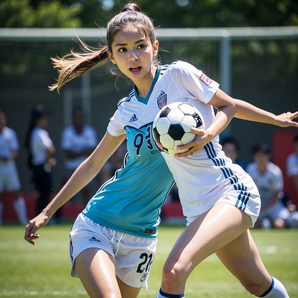masterpiece,bestquality,very beautiful 12 year old girl,(realistic:1.5),bob cut,Soccer Representation from Japan uniform,detailed eyes and face,8k high quality,so beautiful,smile, thin thighs,ultrahighres,highly detail eyes, highly detailed face, ,incredibly beautiful,DSLR,Soccer field,Representation from Japan,(During a football match),(((Dribbling)),((Dribble up the field)),Uplifting,Speed