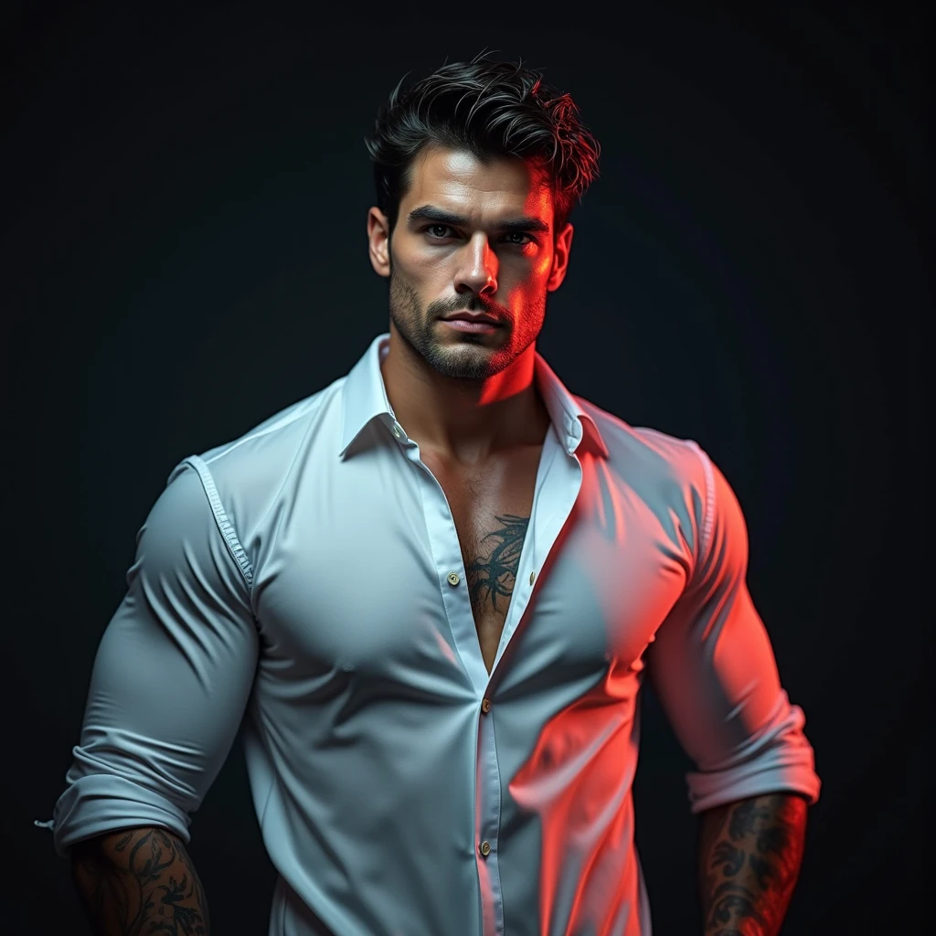 The image shows a man with a beard and dark hair, who wears an open shirt, revealing a tattoo on his chest and a large pendant on his neck. The background appears to be an indoor environment with warm lighting.