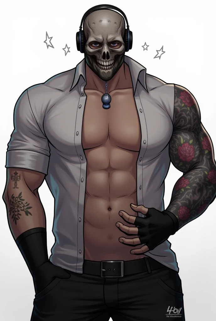 masterpiece, best quality, male, (masked face, full mask, covered face), white hair, short hair, spiky hair, mature body, muscular body, visible abs, mechanic pants, tool belt, workshop