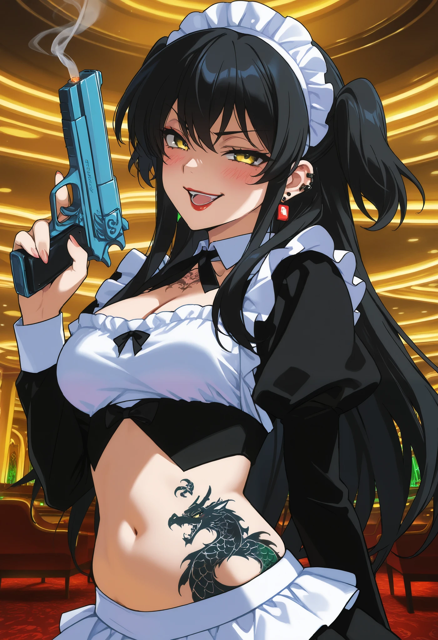 score_9, score_8_up, score_7_up, source_anime,
rakkoyumiya, rakko yumiya, long hair, black hair, two side up, yellow eyes, sidelocks,
ear piercing, long hair, blush, lipstick, Hot girl, baddie, smoking, sensual, attractive, jewelry, earrings, complex detailed background, casino environment, fancy interior environment,
rich interior, masterpiece, best quality, highly detailed, a girl in maid uniforms, holding pistol, maid
outfit, cleavage, evil smile, smile, open mouth ,official artwork, (nsfw) not safe for work, beautiful maid
girl, , micro skirt, exposed belly, exposed navel, exposed midriff, exposed lower belly, holding a gun,, dragon tattoo, narrowed eyes, tattoo midriff, looking at viewer , v-shaped eyebrows,