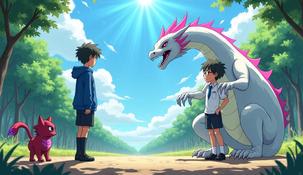 17 year old boy with white hair, Blue eyes and slender build fighting a terrifying monster