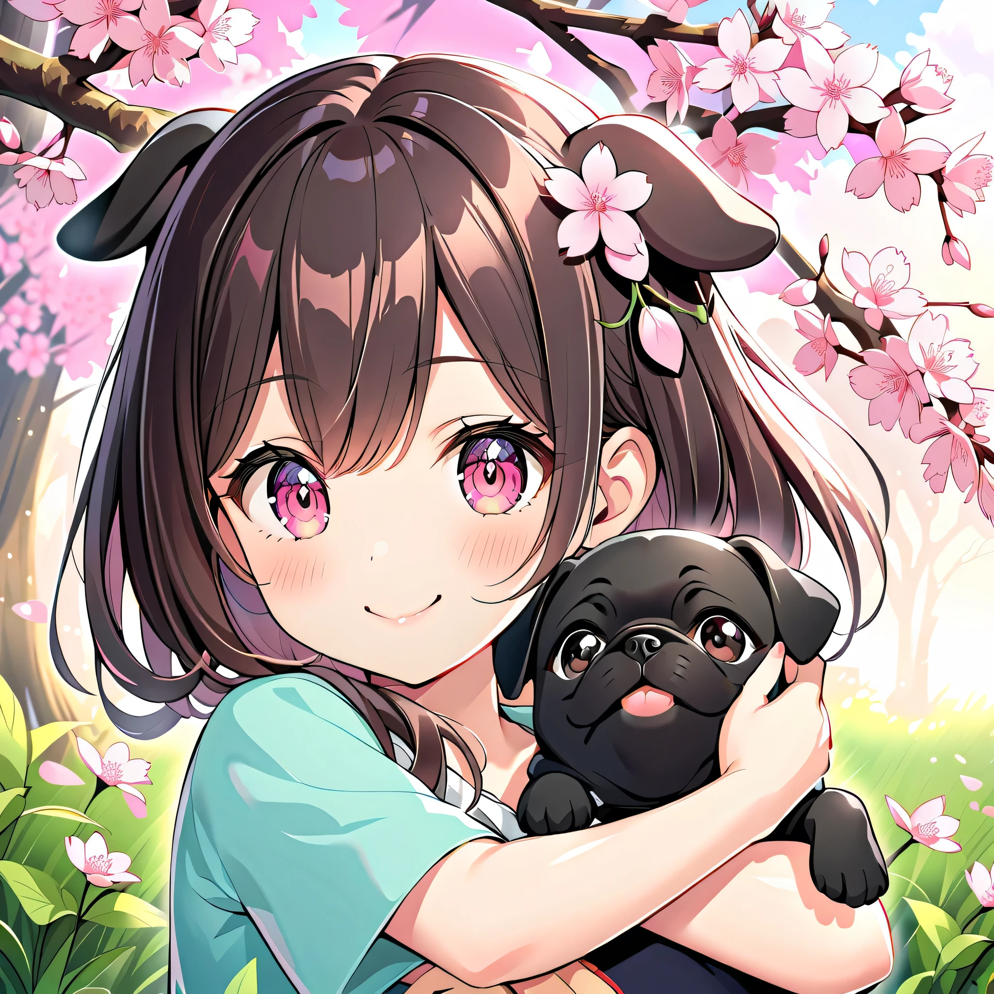 Age 19,smile, Girl with dog ears , Dark dark haired, black ear,spring, cherry blossom hair ornament,I'm holding a black pug, cherry blossom hair ornament