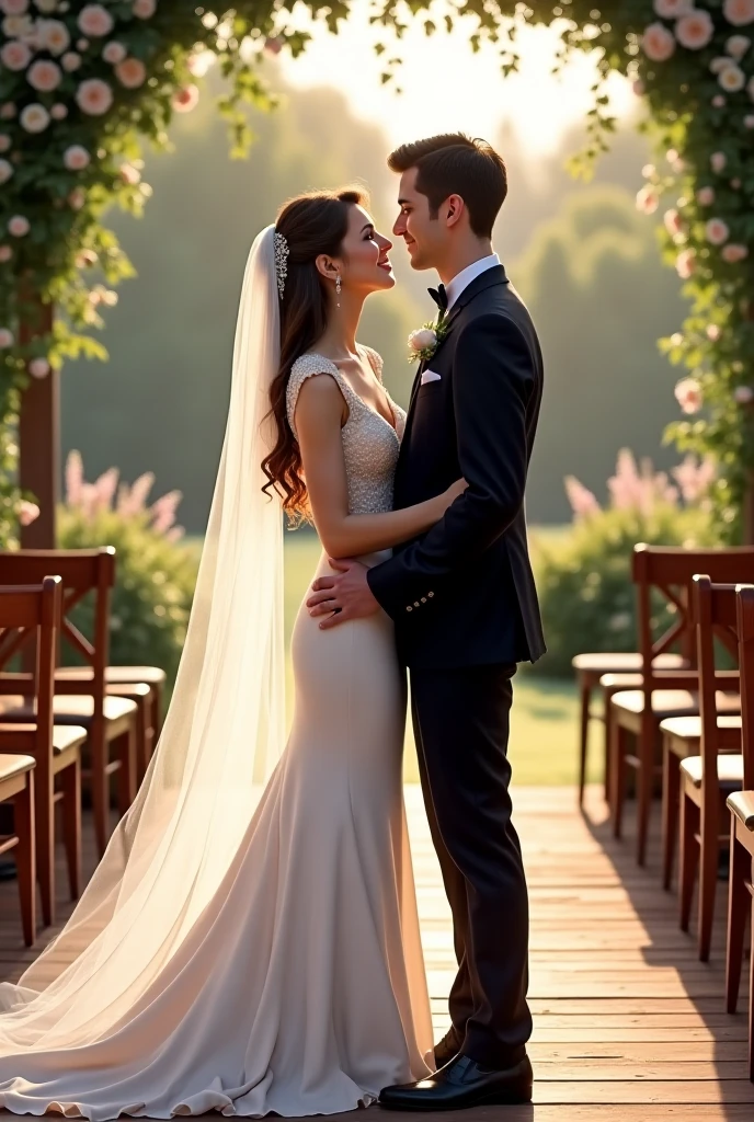 , Best quality, high resolution, Masterpiece: 1.3), Beautiful lady in black sexy gown, Husband-wife moment, Romantic, Handsome billionaire, Intimate embrace,Multiply lights, Dimly lit room, Soft focus, Her long waves cascading over his broad shoulders, His strong arms wrapped around her waist, Her gown clinging to her curves, His suit impeccably tailored, Detailed facial expressions, Relaxed body language, Passionate look in her eyes, His charming smile, Close up shots, Emotional connection, Detailed background, Subtle shadows, Cinematic. Or RAW, Best