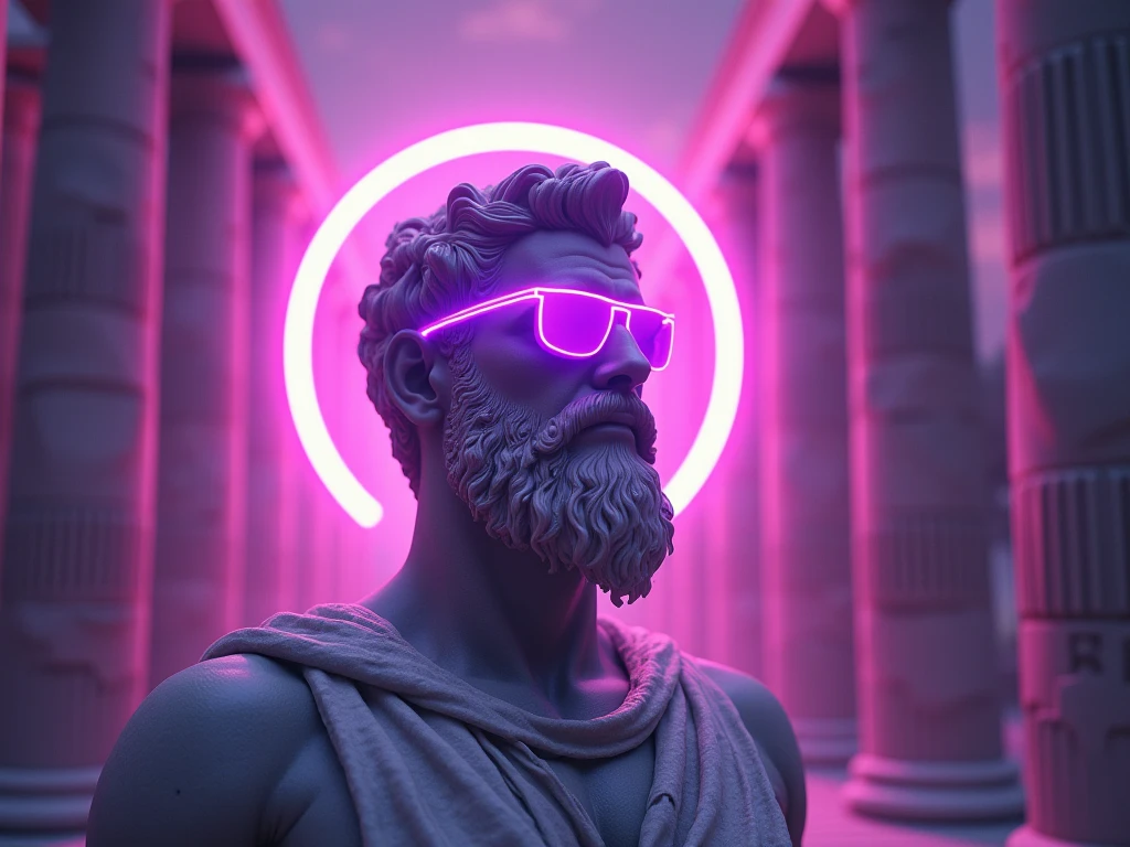 A hyper-realistic digital art of a Greek god-like figure wearing a virtual reality headset, standing in an ancient temple, surrounded by pillars, purple and pink lightning bolts crackling around, dramatic backlighting creating a neon halo effect, intricate details in the stone sculpture, futuristic and mythological fusion, high contrast, vivid colors, cinematic lighting, inspired by sci-fi and classical art, digital painting techniques, soft focus on the background, glowing elements --ar 16:9 --v 6.1