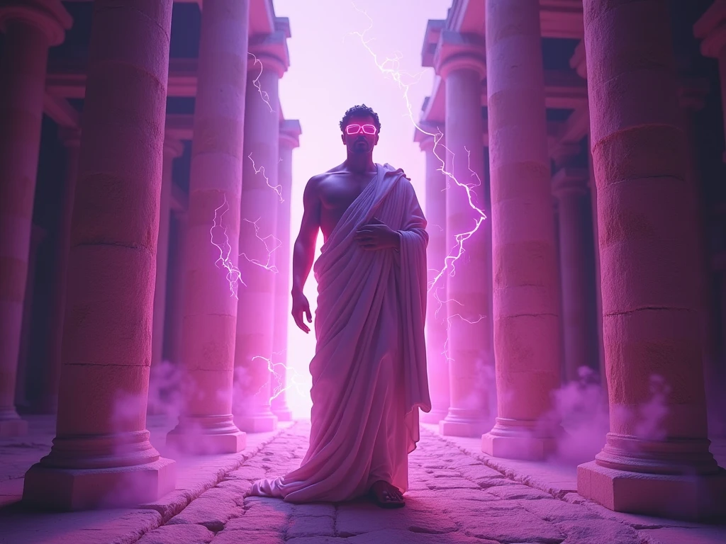 A hyper-realistic digital art of a Greek god-like figure wearing a virtual reality headset, standing in an ancient temple, surrounded by pillars, purple and pink lightning bolts crackling around, dramatic backlighting creating a neon halo effect, intricate details in the stone sculpture, futuristic and mythological fusion, high contrast, vivid colors, cinematic lighting, inspired by sci-fi and classical art, digital painting techniques, soft focus on the background, glowing elements --ar 16:9 --v 6.1