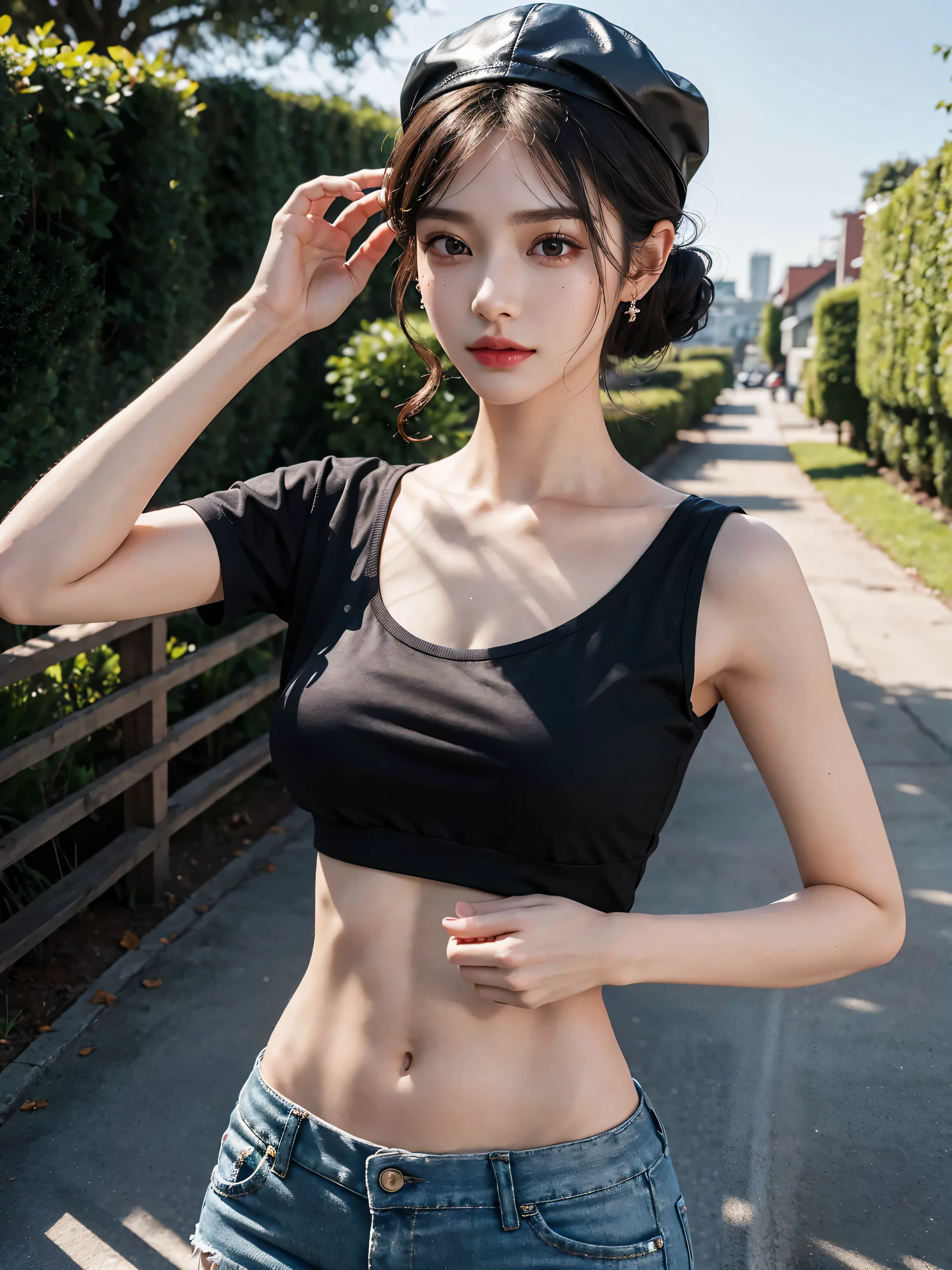 ((beste-Qualit、巨作:1.3))、18 years-old、college student、sharp foc:1.2、A beautiful woman with perfect body:1.4、Detailed and very beautiful face、Sports Tank Top、short-hair、Wet Body:1.1、body complet、Denim Short、sneakers
