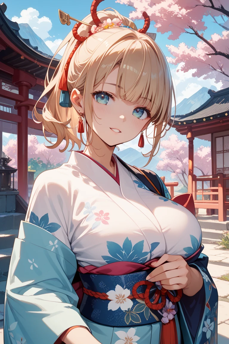 (light golden hair:1.2),(Curled shorthair:1.2),(Light blue eyes),(With bangs),(First visit to a shrine:1.25),(colourfull:1.2),(Staring at me),(Japanese pattern clothing:1.4),(accessories like flowers and crystals:1.3),(Lower breast:1.5),(Transparent double sleeve long sleeves:1.5),(chest protruding from clothes,:1.4),(A face that looks like it has been turned away:1.3),(Tsundere:1.35),Slight red tide,(Kamimei),(Close-up of face 1.5),(black and red and white and pink:1.25),