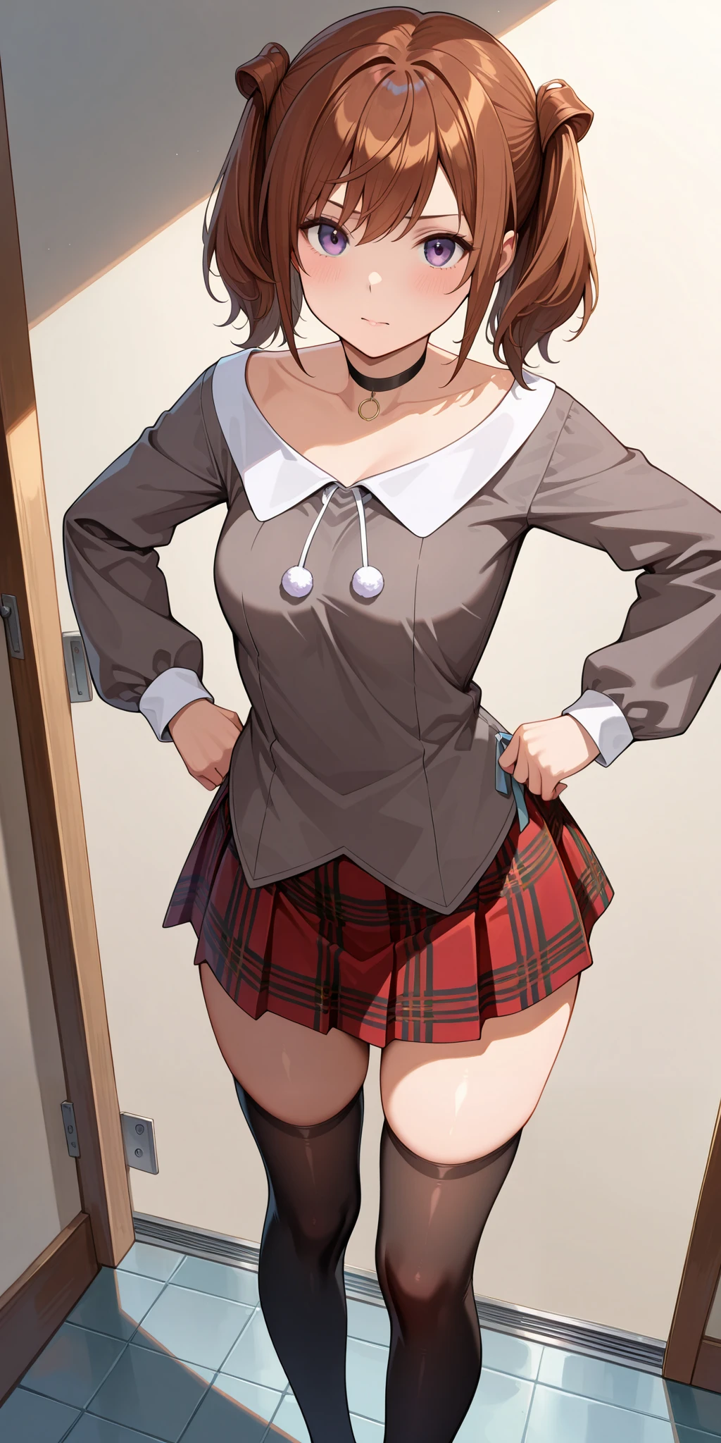 high resolution picture, masterpiece with, best quality, amaging quality,1 girl、yui,brown hair,purple eyes,Vibre,red plaid skirt,black_thighhighs,looking_at_viewer,standing,hands_on_hips,[realistic]、