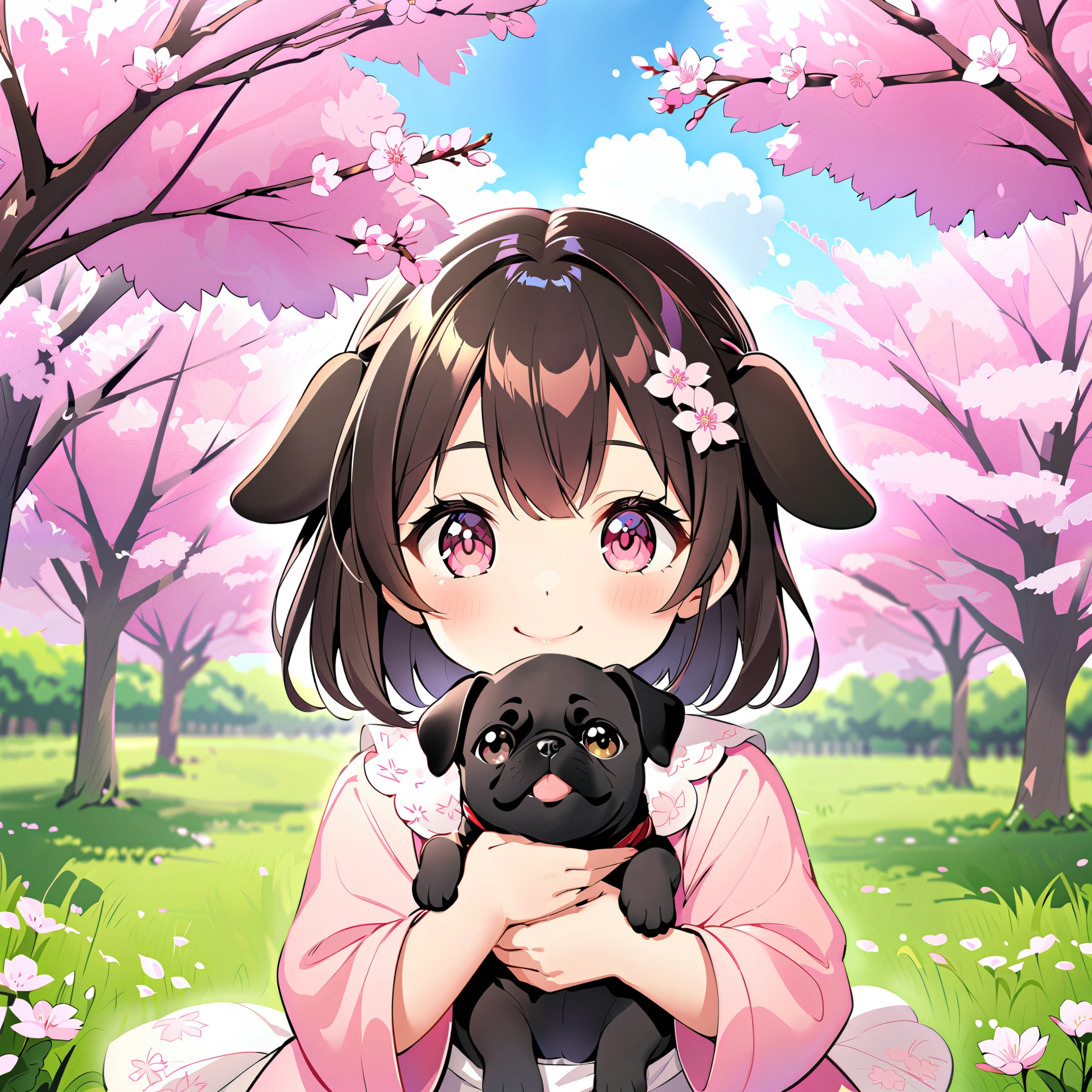 Age 25,smile, Girl with dog ears , Dark dark haired, black ear,spring, cherry blossom hair ornament,I'm holding a black pug, cherry blossom hair ornament