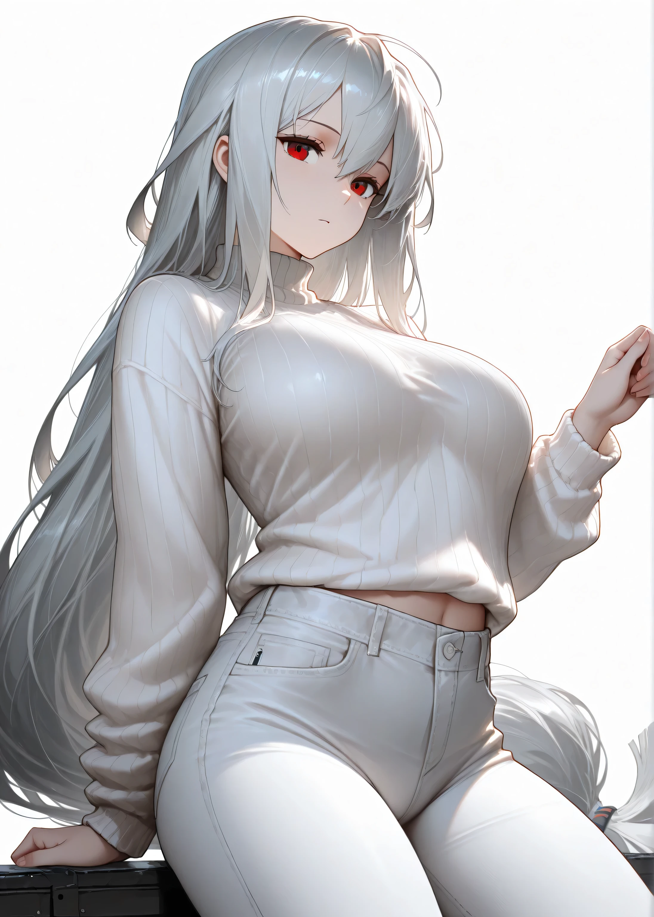masterpiece, best quality, high contrast, masterpiece, best quality, high quality, perfect anatomi, 1girl,skadi (arknights), breast, white hair, blunt bangs, long hair, white sweater, white jeans, white background,
