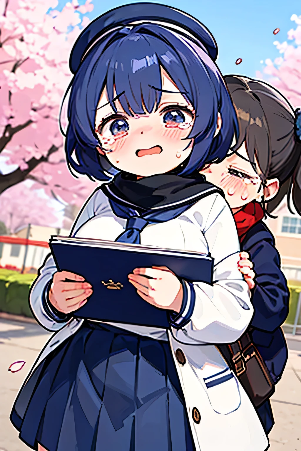 best quality、high resolution、(high image quality:1.2)、masterpiece、detailed background、(very detailed face:1.2)、(detailed eyes:1.3)、age beauty、huge breasts、(Normal number of fingers:1.2)、anatomically correct、perfect body line、Bright-colored hair、ponytail from Yubi's point of view、Braided bob cut、
(Two girls smiling while crying with their diplomas and albums in their hands:1.5)、
The graduation ceremony is over、when they go out to the schoolyard, you can see their best friend who has been together all this time、the moment our eyes meet、my heart gets hot and runs up、my memories so far overflow all at once、I can't hold back my emotions and tears spill out、they hug each other and shed tears while shaking their shoulders、A mixture of loneliness and gratitude so far、their unspeakable feelings turn into tears、spring breeze strokes my cheeks、while the cherry blossom petals flutter、they haven't left for a while、
white sailor suit with a line on the collar、Navy blue or black pleated skirt、black loafers and navy blue or white high socks、tie a chest scarf neatly、cute