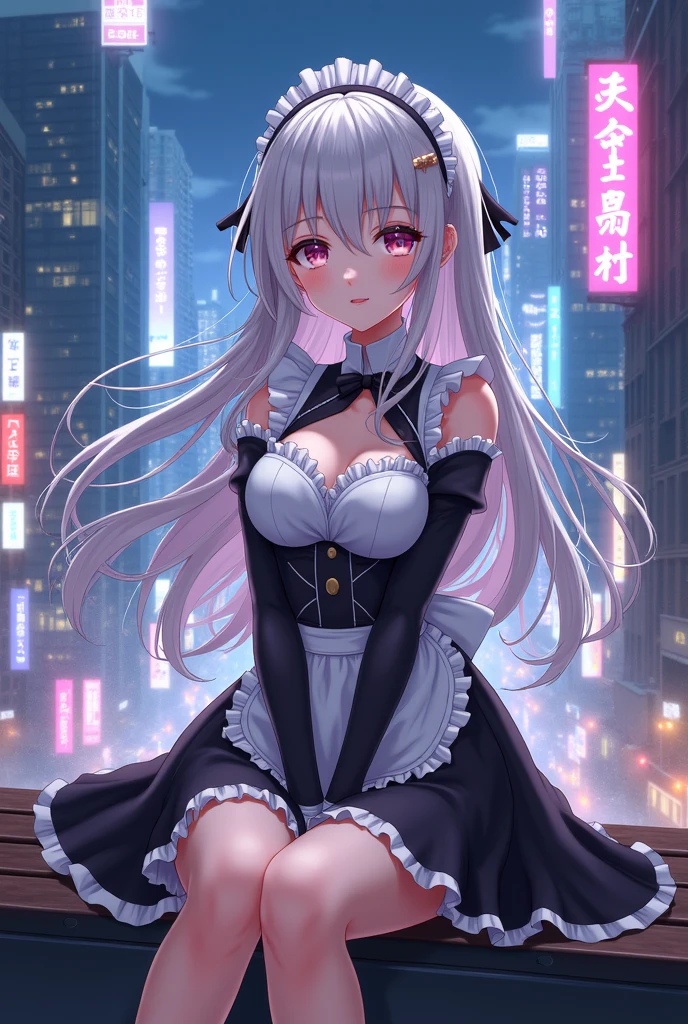 cinematic lighting,super dense skin、Beautiful quality with attention to detail,perfect anatomy,(replace、dim color, pleasant tone:1.3),mid journey anime style(Detailed beautiful facial features、red eyes:1.3)（Girl wearing a cyber style maid outfit with an apron、Girl playing the piano:1.4）、（cyberpunk style apron、hands and feet are machines:1.5）BREAK（Playing a black and white keyboard grand piano、neon glowing piano、Detailed hands and feet with highly accurate sculptural structure:1.3）BREAK、(Big city buildings at night、building rooftop、overlooking a skyscraper:1.2)dynamism（the night deepens、shining moon、beautiful night:1.5）monster cat girl、whole body